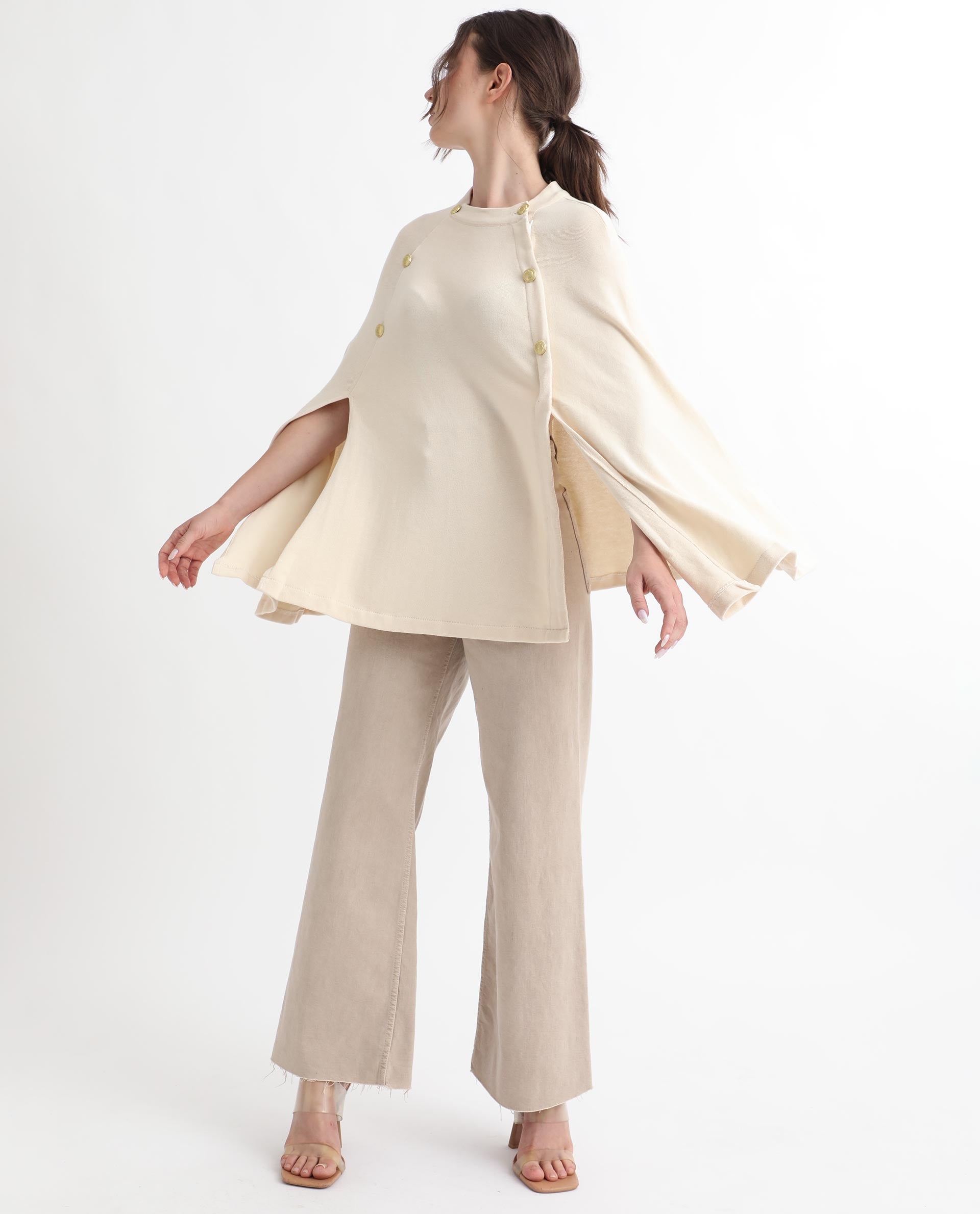 Rareism Women's Finley Offwhite Cotton Collarless Plain Cape Sleeve Relaxed Fit Sweater