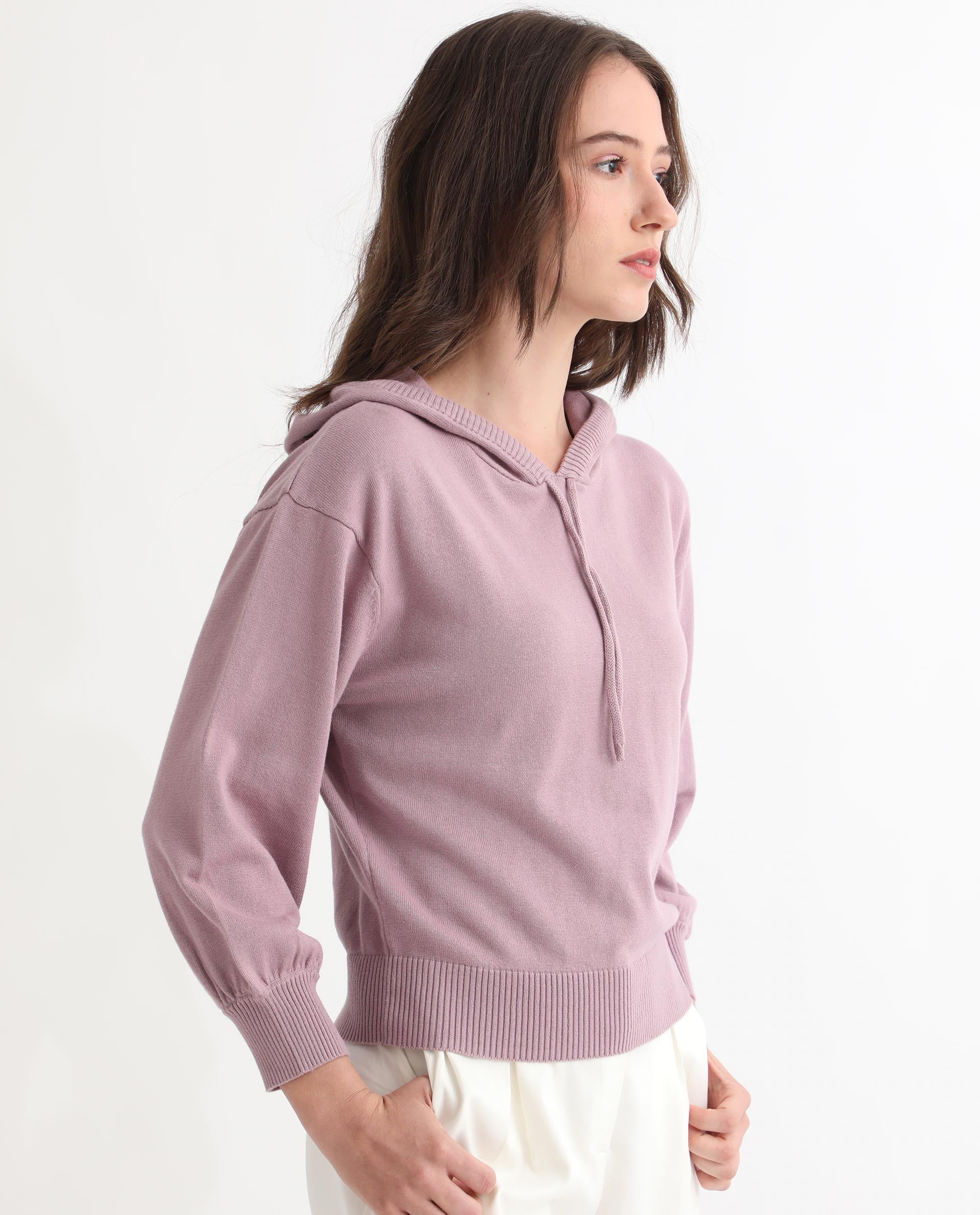 Rareism Women's Finn Sweat Pink Cotton Hooded Plain Relaxed Fit Sweater