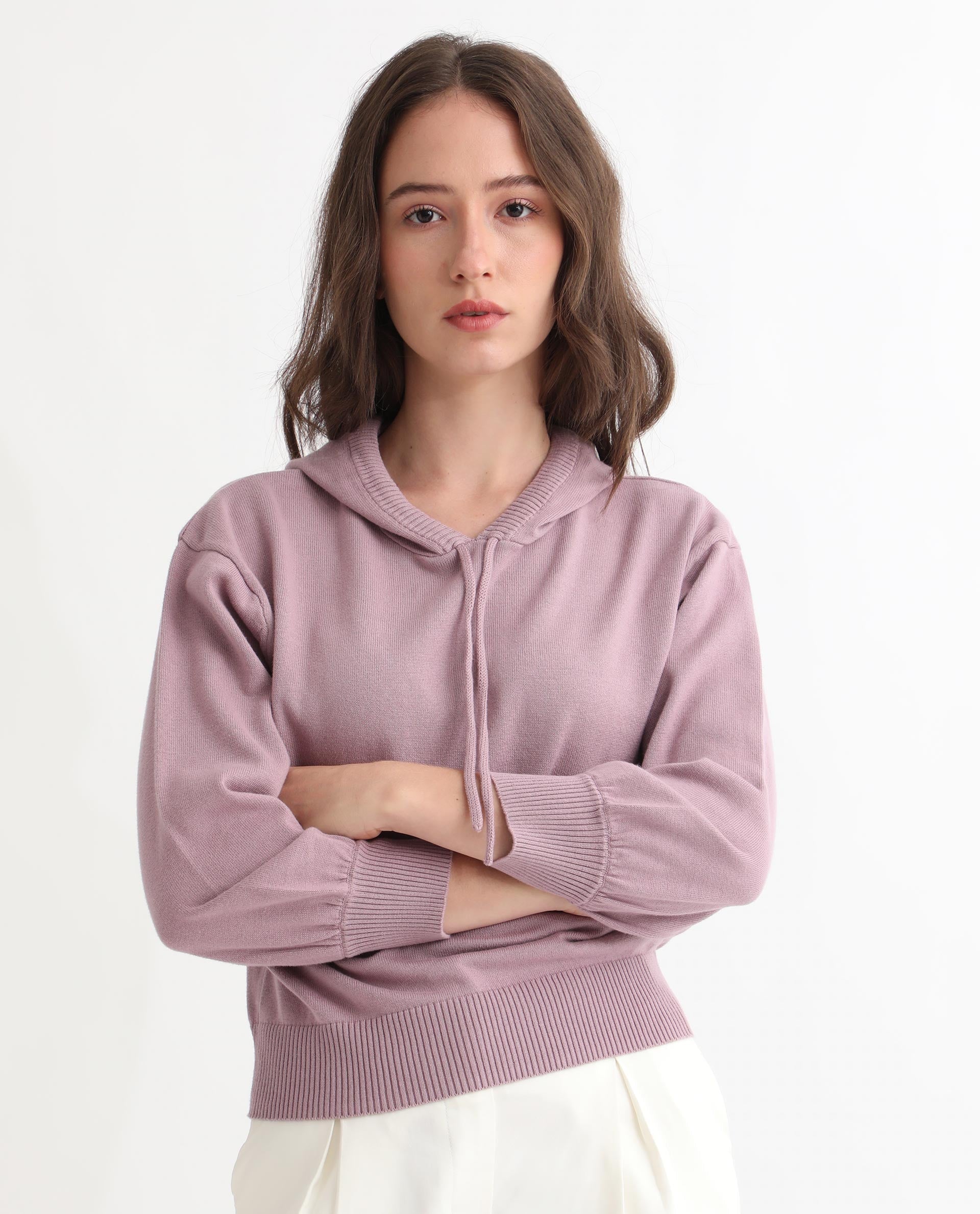 Rareism Women's Finn Sweat Pink Cotton Hooded Plain Relaxed Fit Sweater