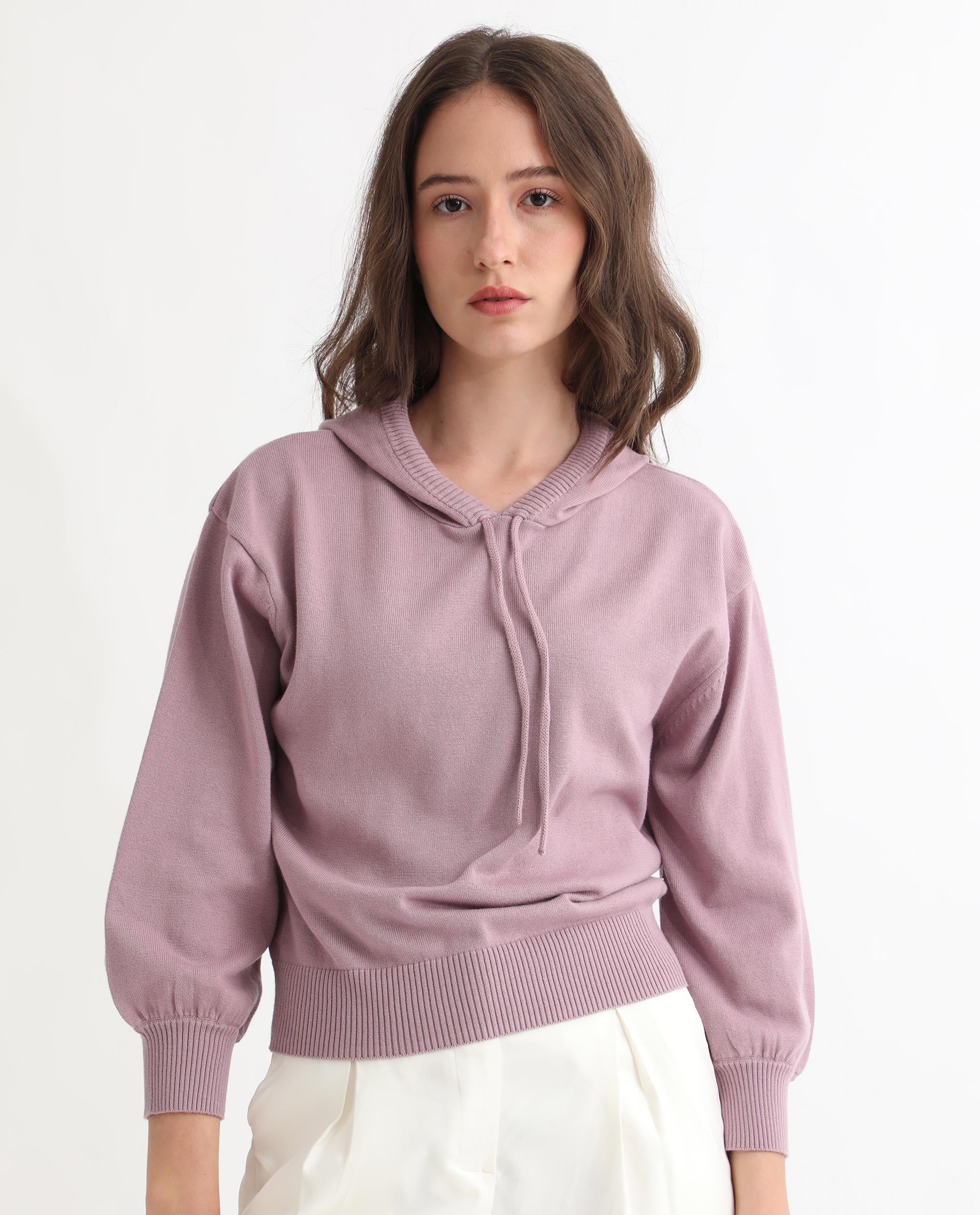 Rareism Women's Finn Sweat Pink Cotton Hooded Plain Relaxed Fit Sweater