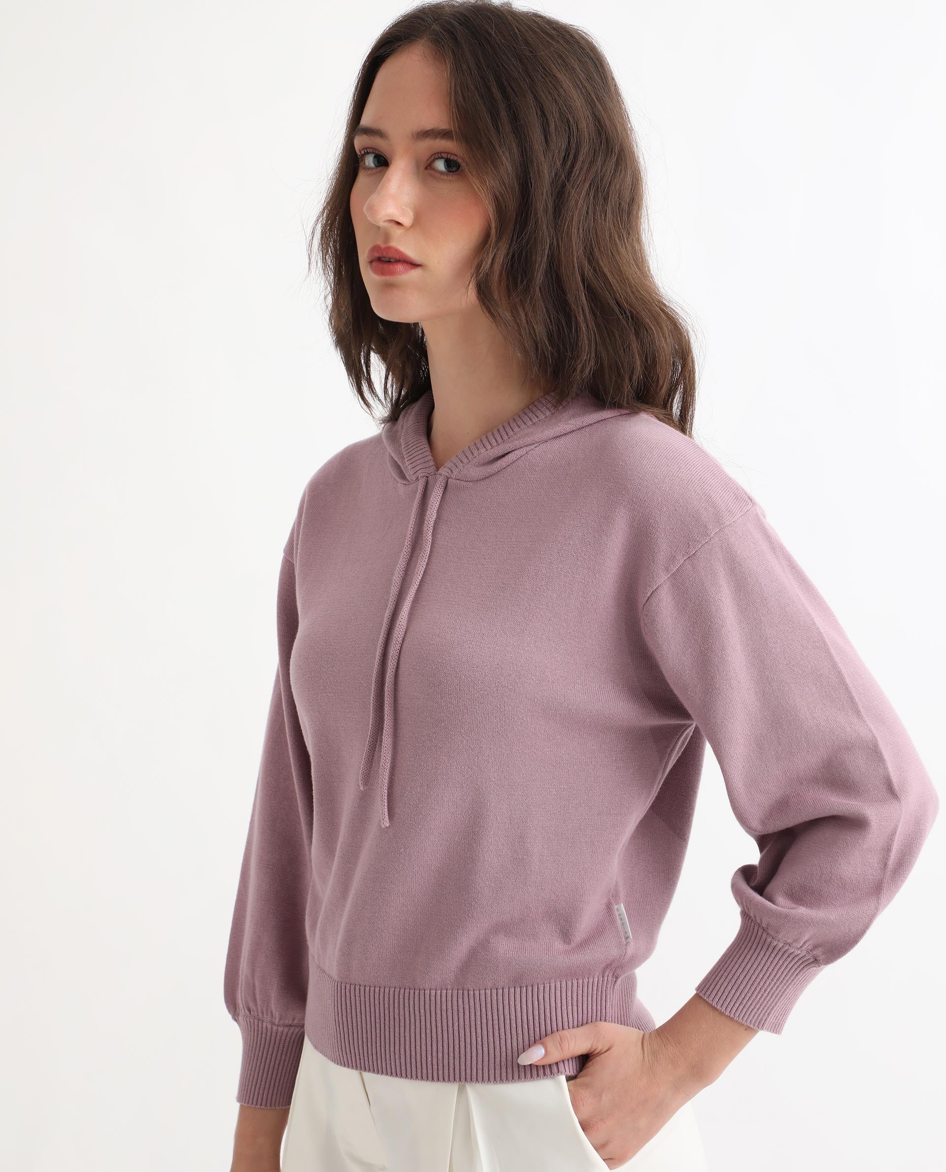 Rareism Women's Finn Sweat Pink Cotton Hooded Plain Relaxed Fit Sweater