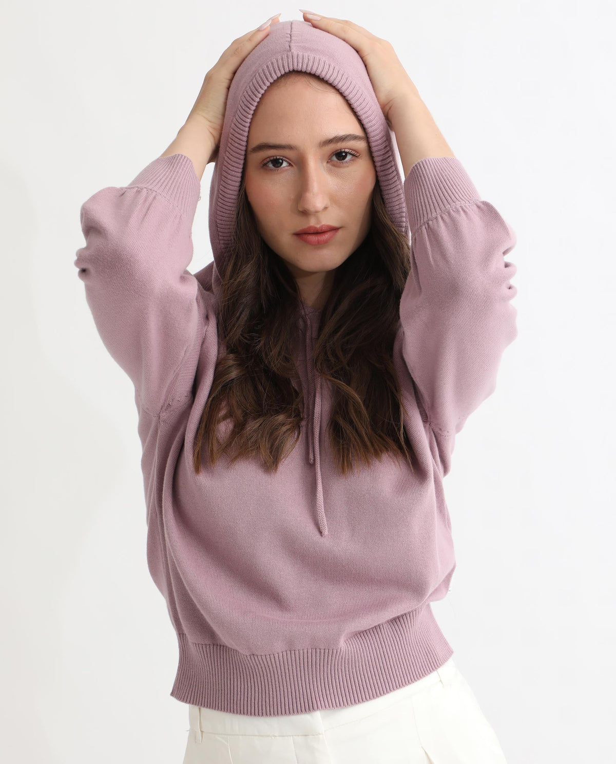 Rareism Women Finn Sweat Pink Cotton Fabric Full Sleeves Relaxed Fit Solid Hooded Sweater