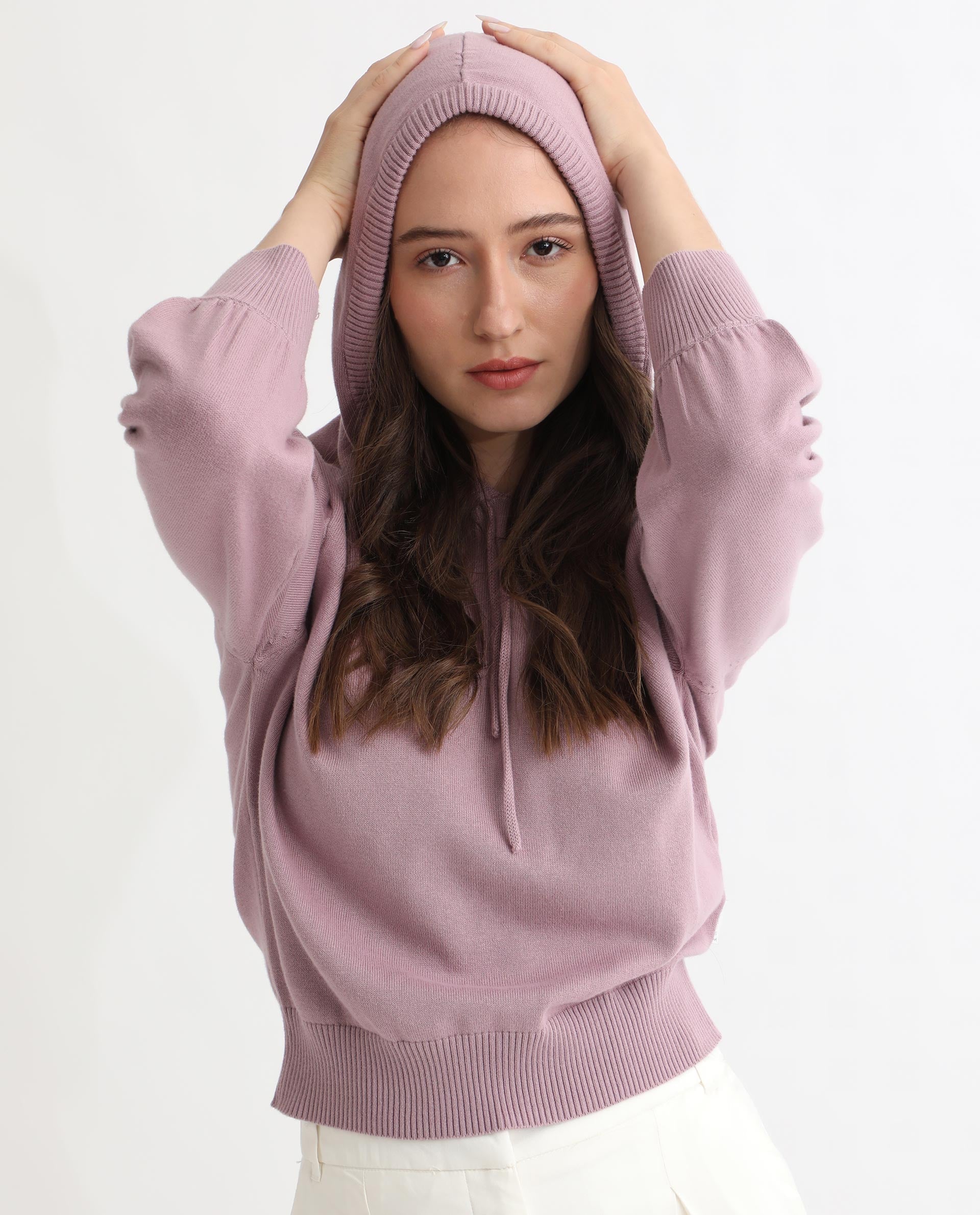 Rareism Women's Finn Sweat Pink Cotton Hooded Plain Relaxed Fit Sweater