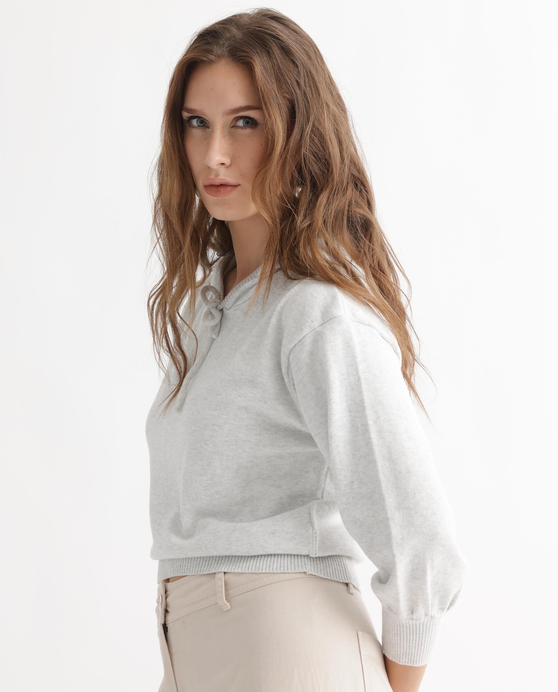 Rareism Women's Finn Sweat Offwhite Cotton Hooded Plain Relaxed Fit Sweater