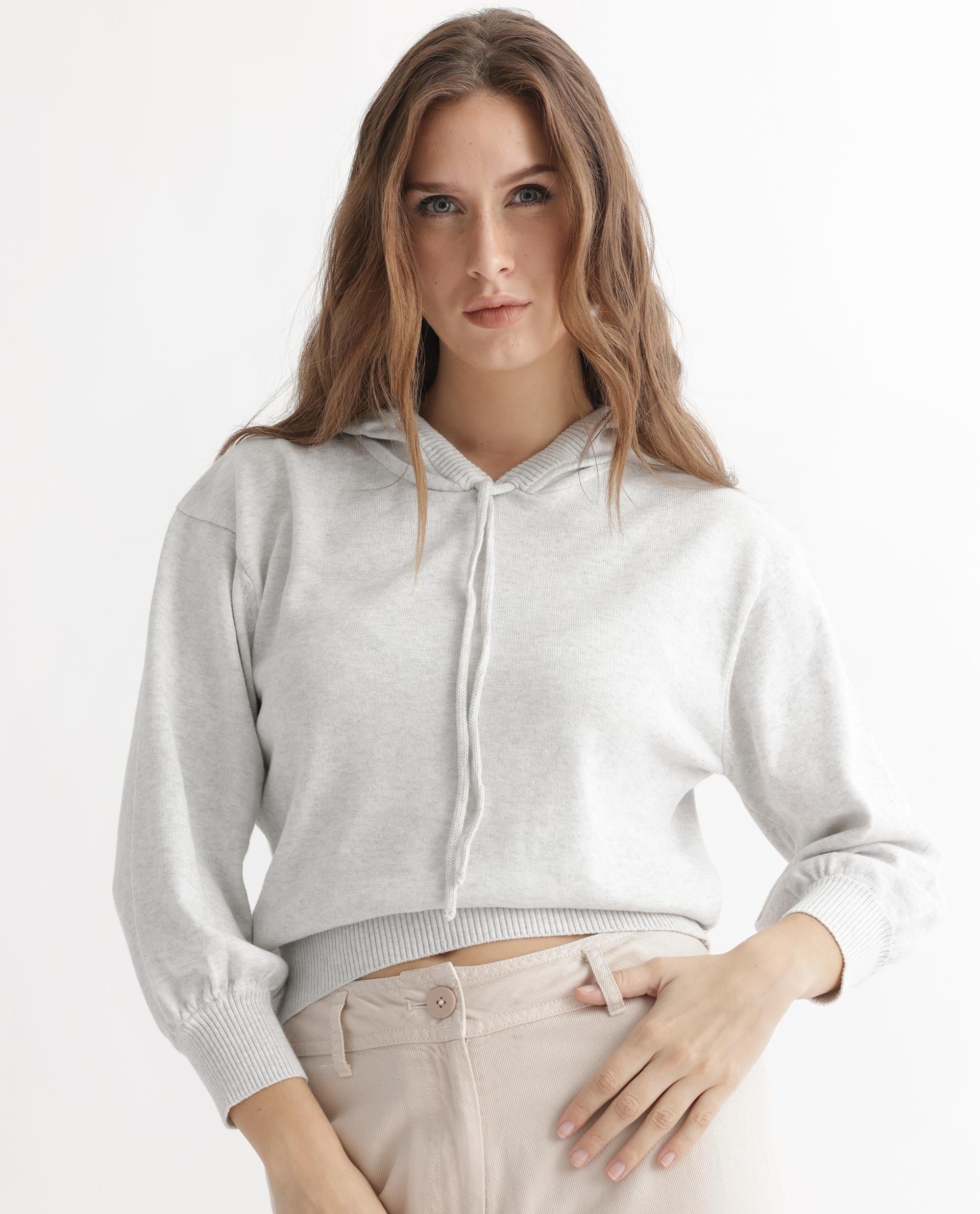 Rareism Women's Finn Sweat Offwhite Cotton Hooded Plain Relaxed Fit Sweater