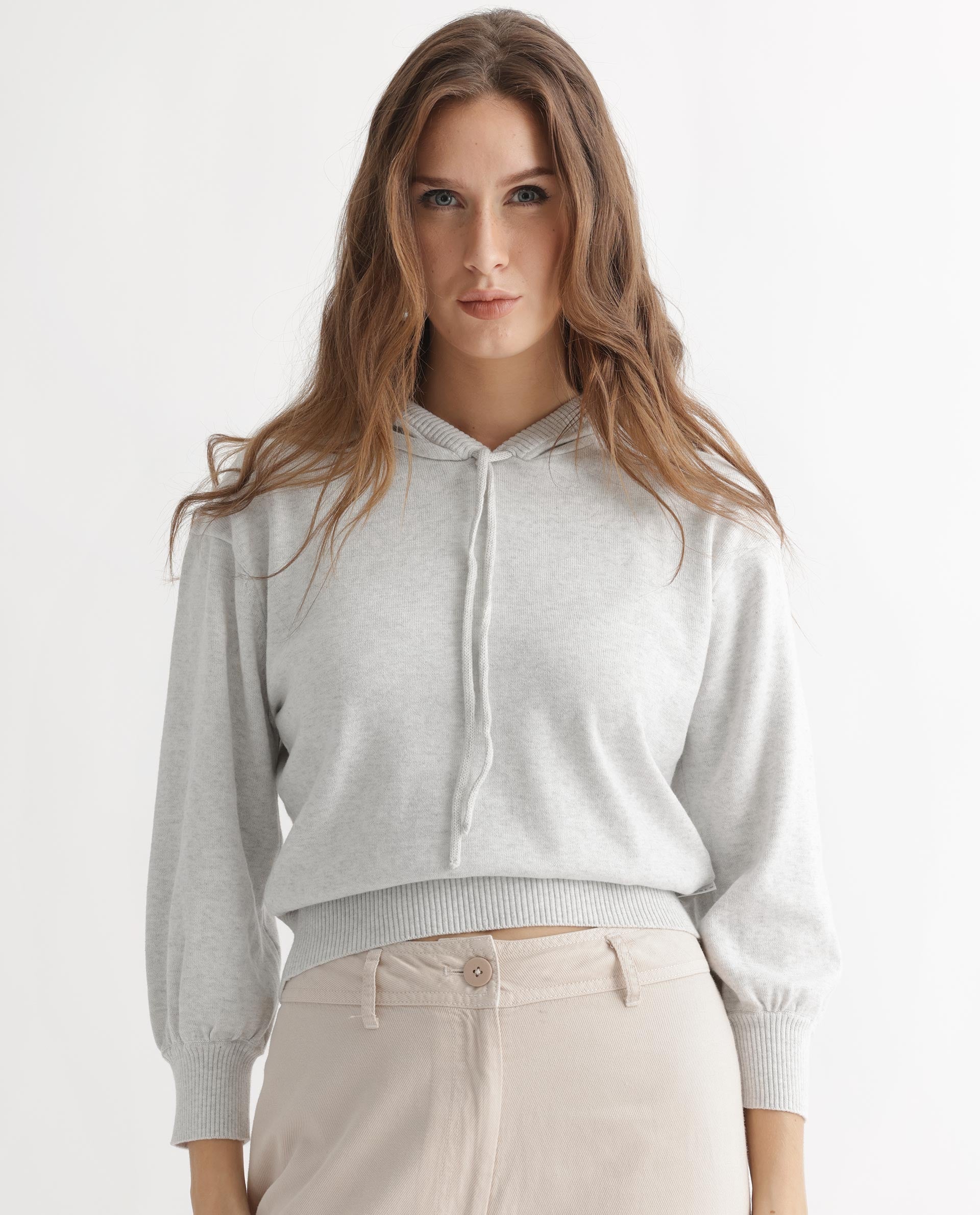 Rareism Women's Finn Sweat Offwhite Cotton Hooded Plain Relaxed Fit Sweater