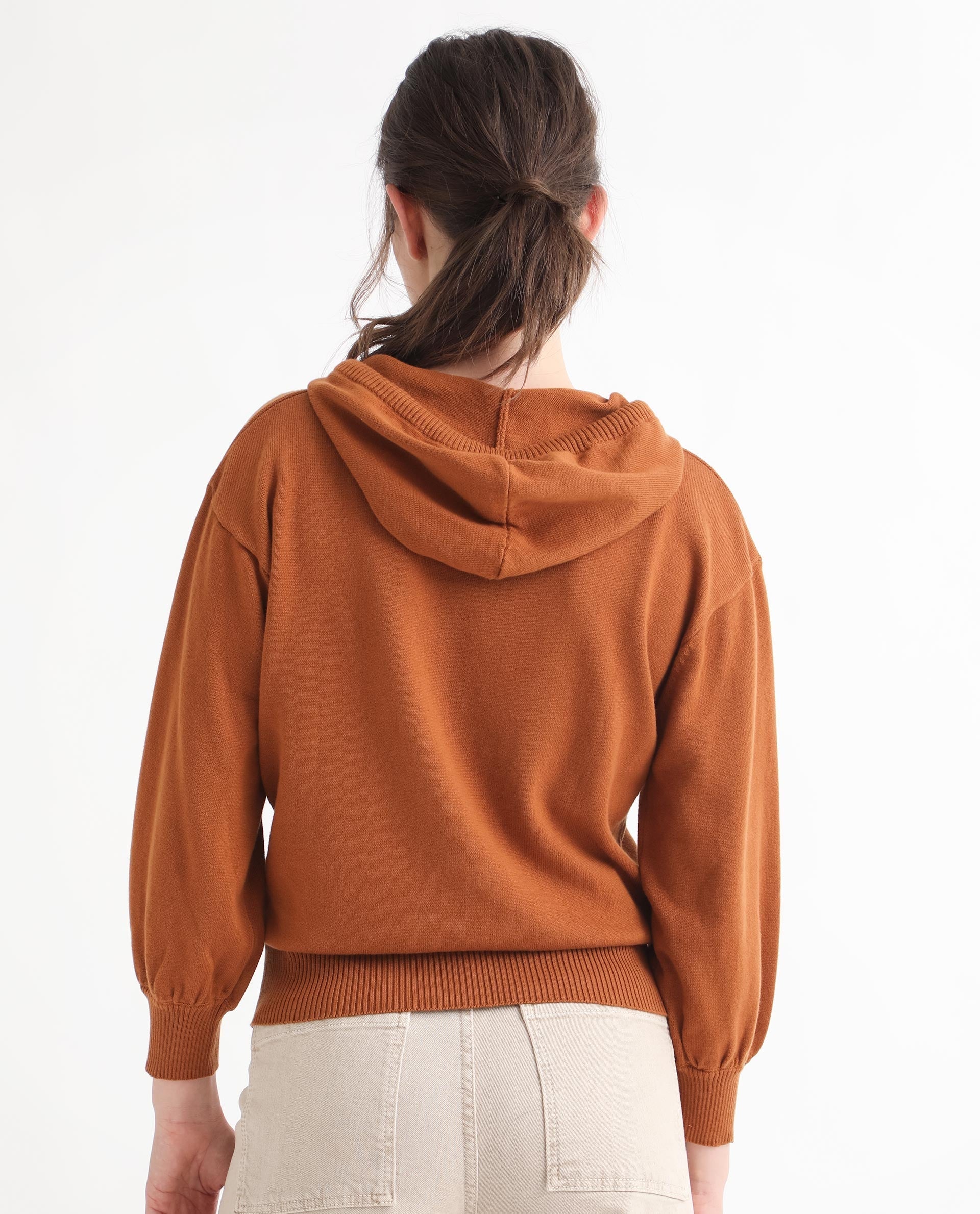 Rareism Women's Finn Sweat Rust Cotton Hooded Plain Relaxed Fit Sweater