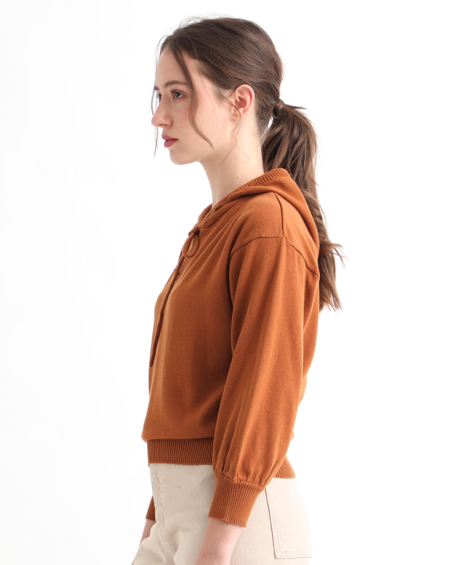 Rareism Women's Finn Sweat Rust Cotton Hooded Plain Relaxed Fit Sweater