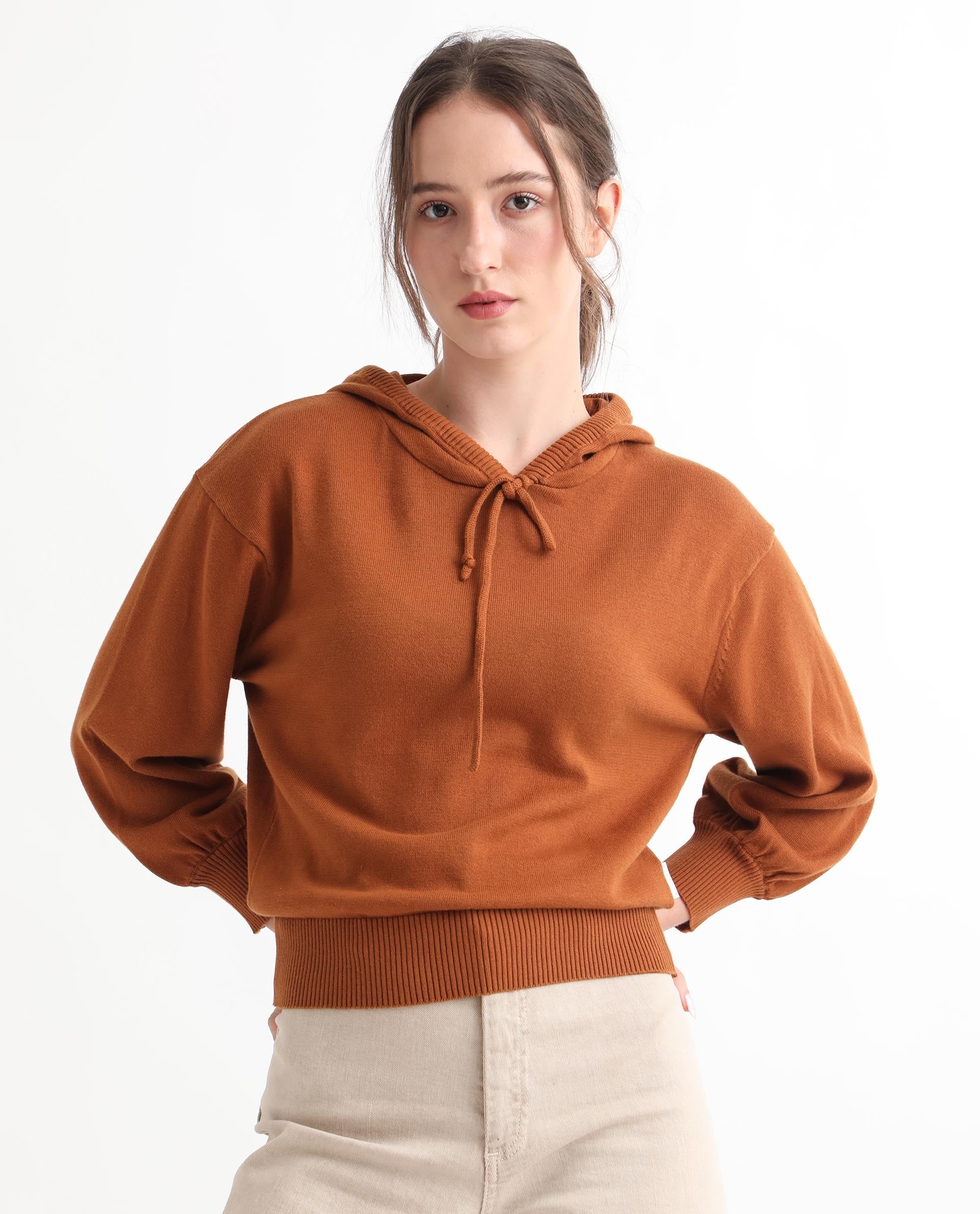 Rareism Women's Finn Sweat Rust Cotton Hooded Plain Relaxed Fit Sweater