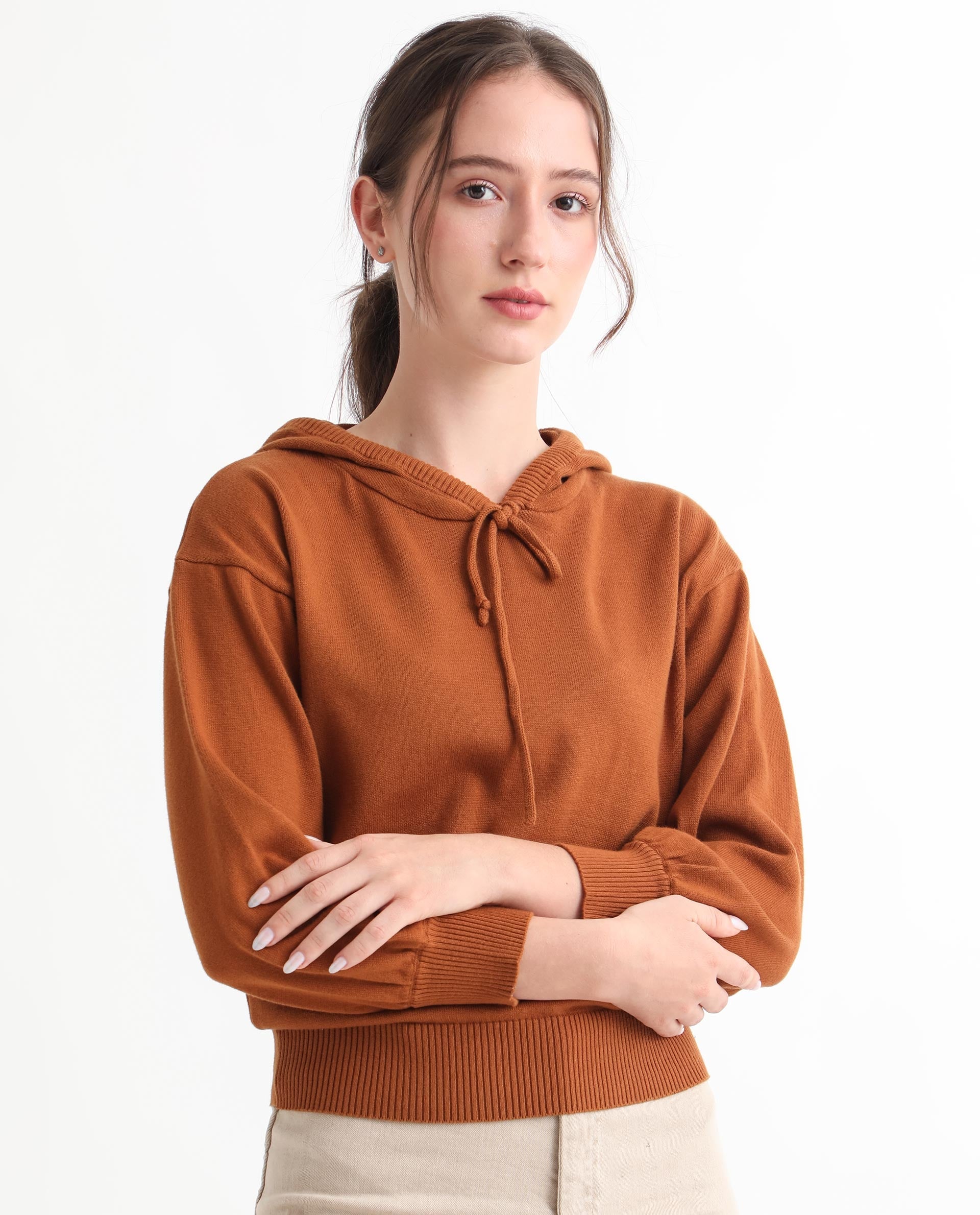 Rareism Women's Finn Sweat Rust Cotton Hooded Plain Relaxed Fit Sweater