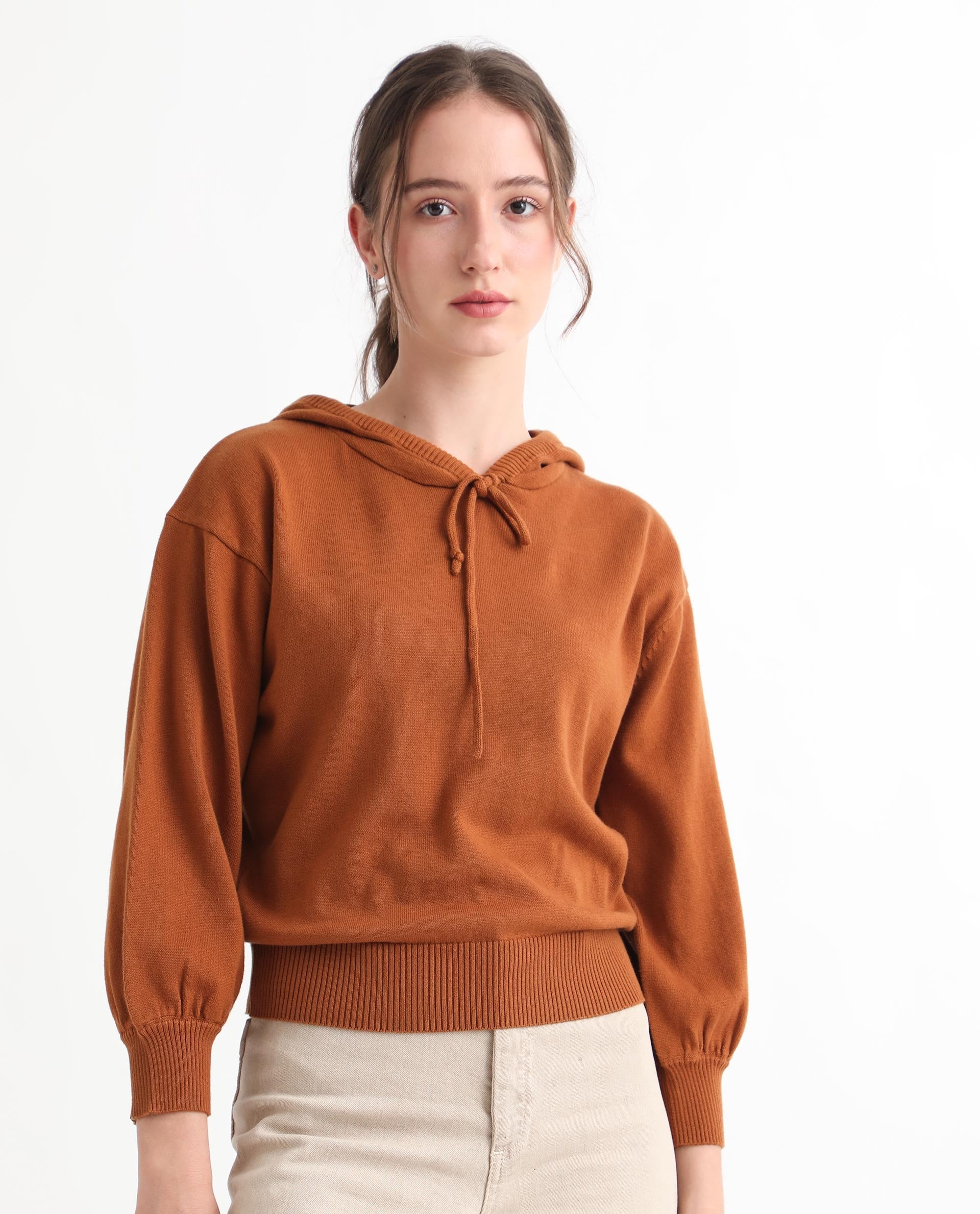 Rareism Women's Finn Sweat Rust Cotton Hooded Plain Relaxed Fit Sweater