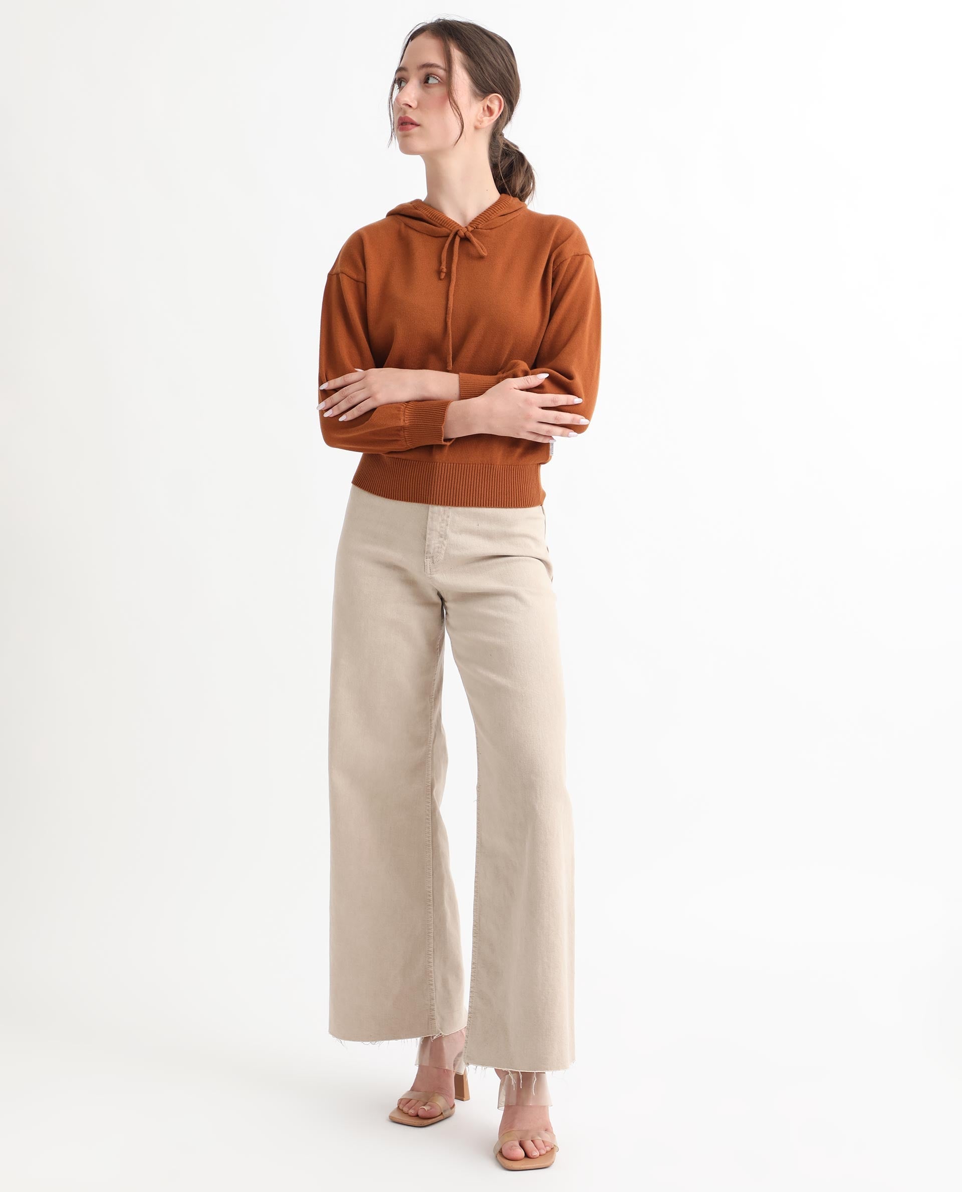 Rareism Women's Finn Sweat Rust Cotton Hooded Plain Relaxed Fit Sweater