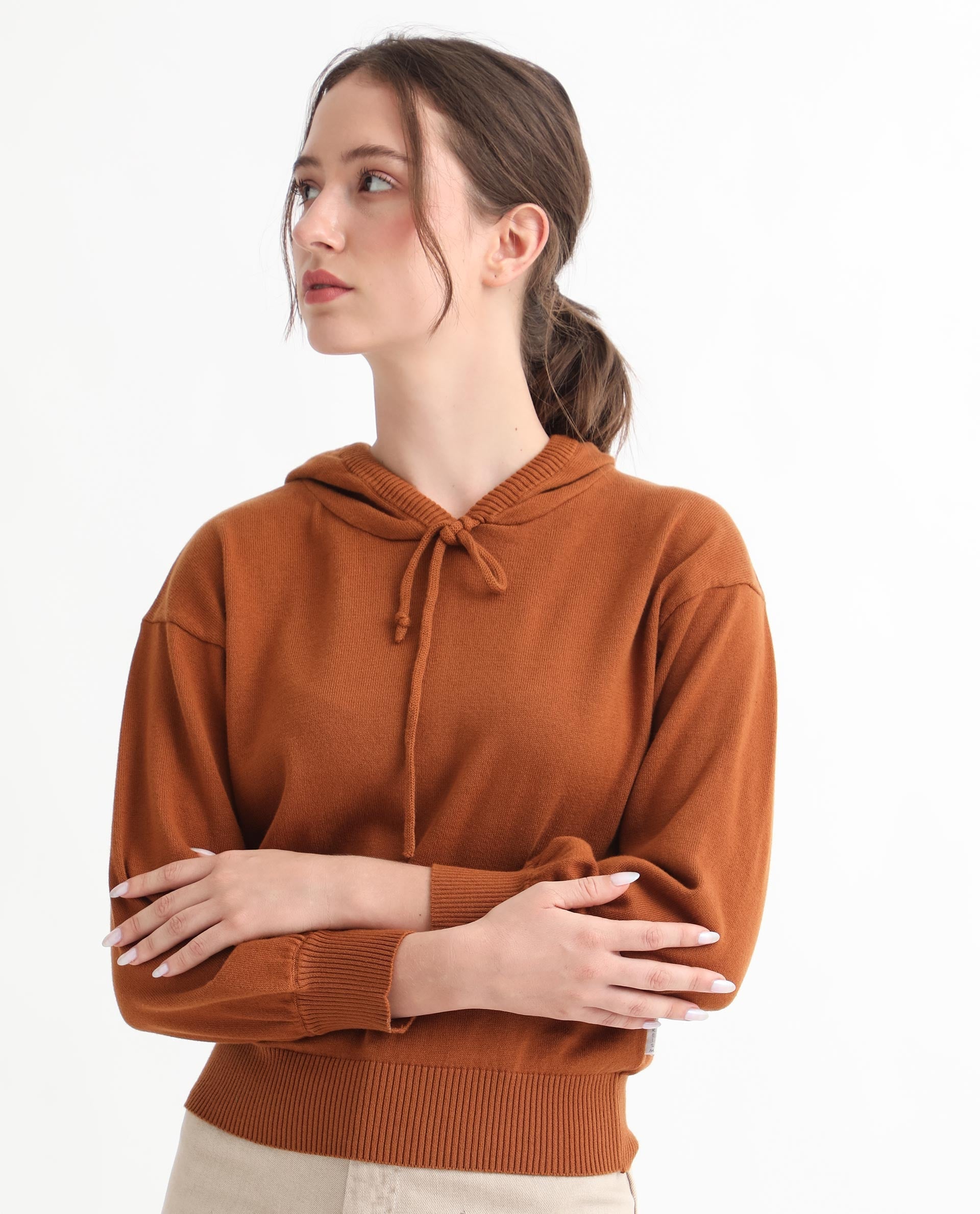 Rareism Women's Finn Sweat Rust Cotton Hooded Plain Relaxed Fit Sweater
