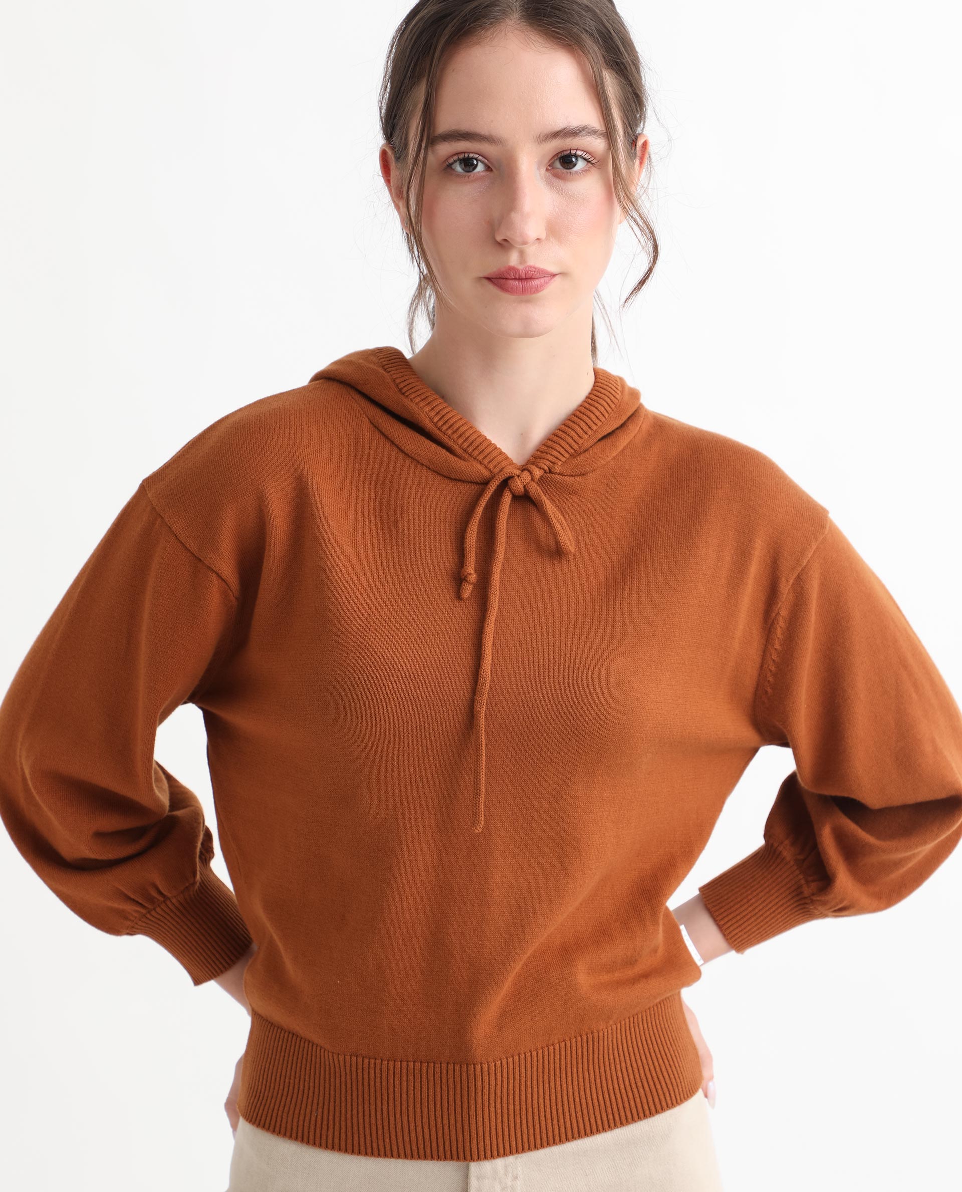 Rareism Women's Finn Sweat Rust Cotton Hooded Plain Relaxed Fit Sweater