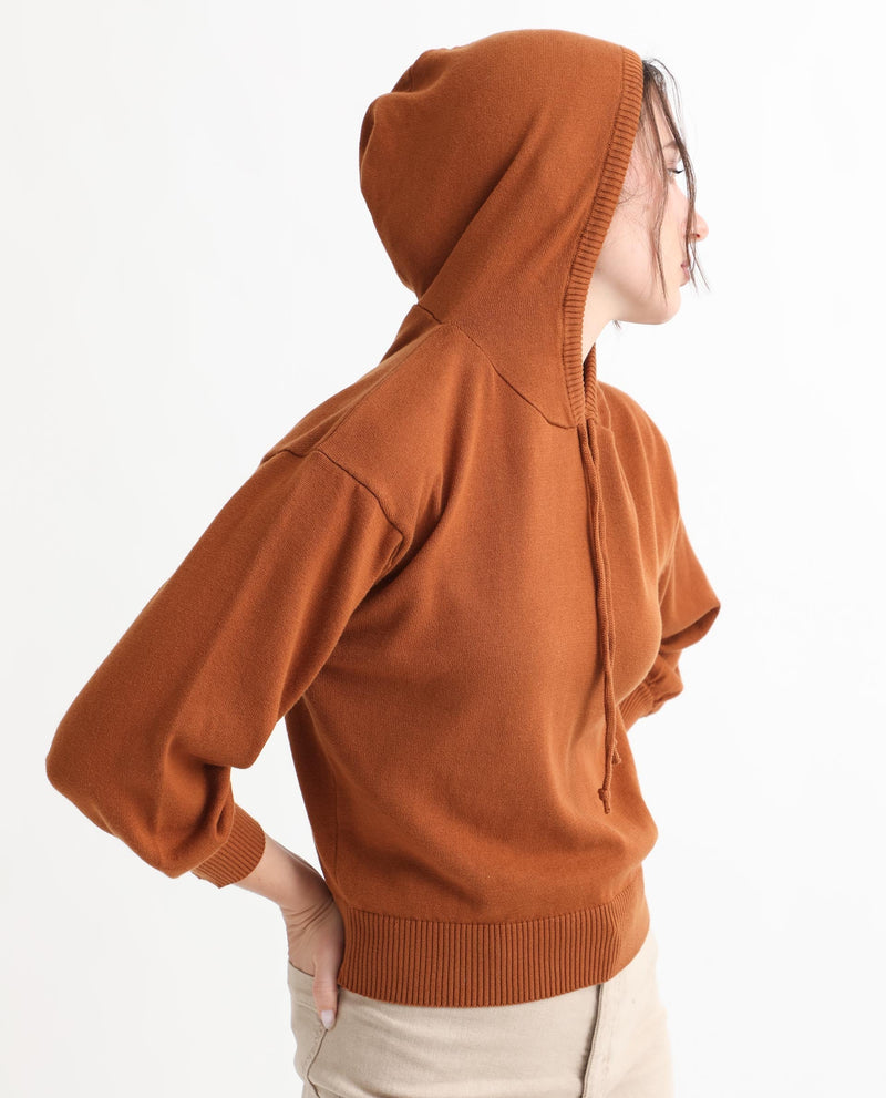 Rareism Women Finn Sweat Rust Cotton Fabric Full Sleeves Relaxed Fit Solid Hooded Sweater