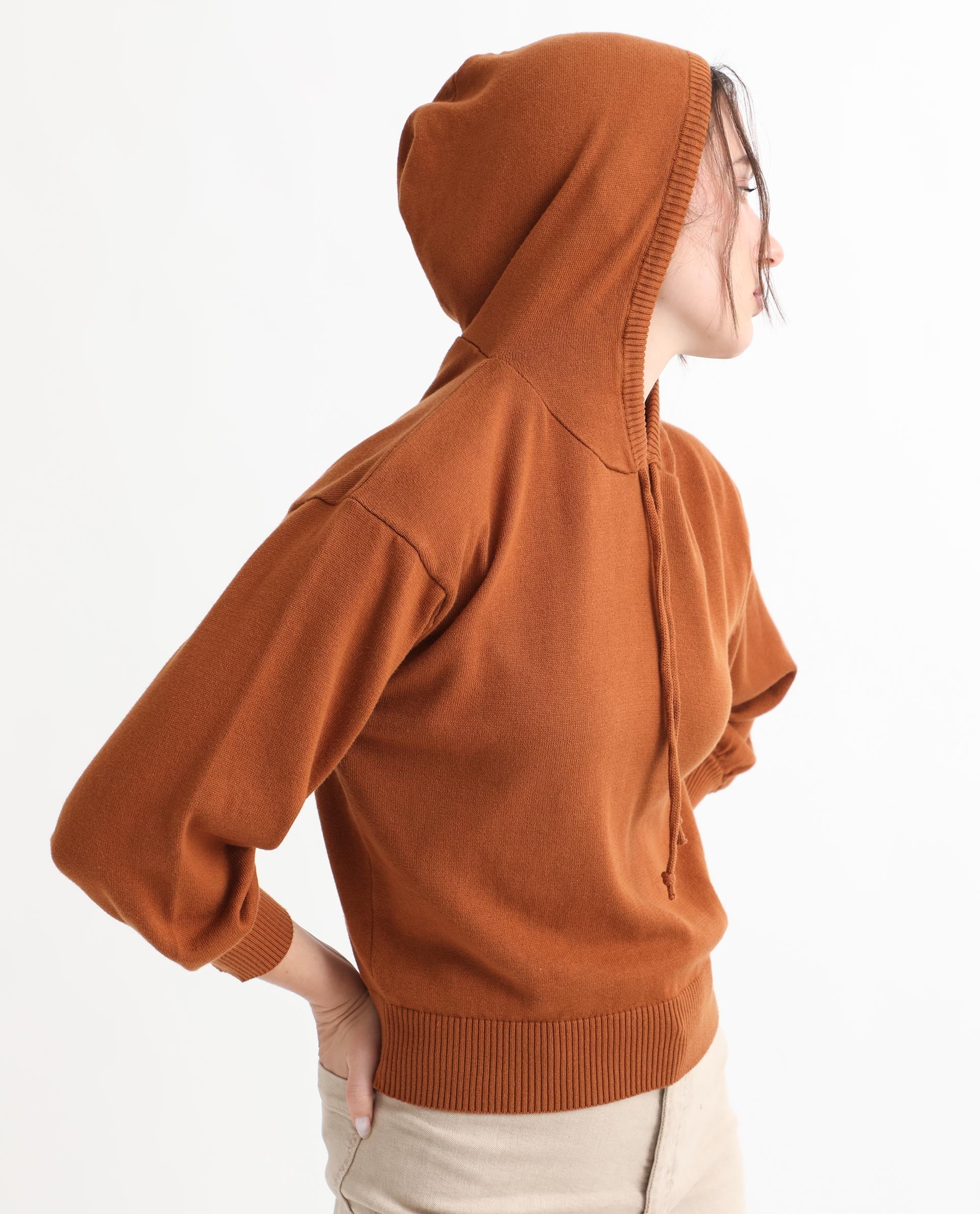 Rareism Women's Finn Sweat Rust Cotton Hooded Plain Relaxed Fit Sweater