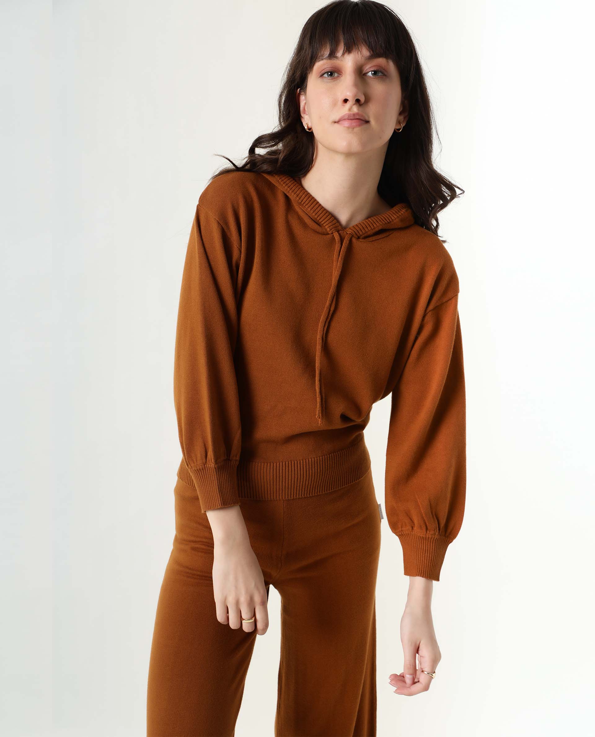 Rareism Women Finn Dark Rust Cotton Fabric Straight Fit Full Sleeves Solid Hooded Track Suit