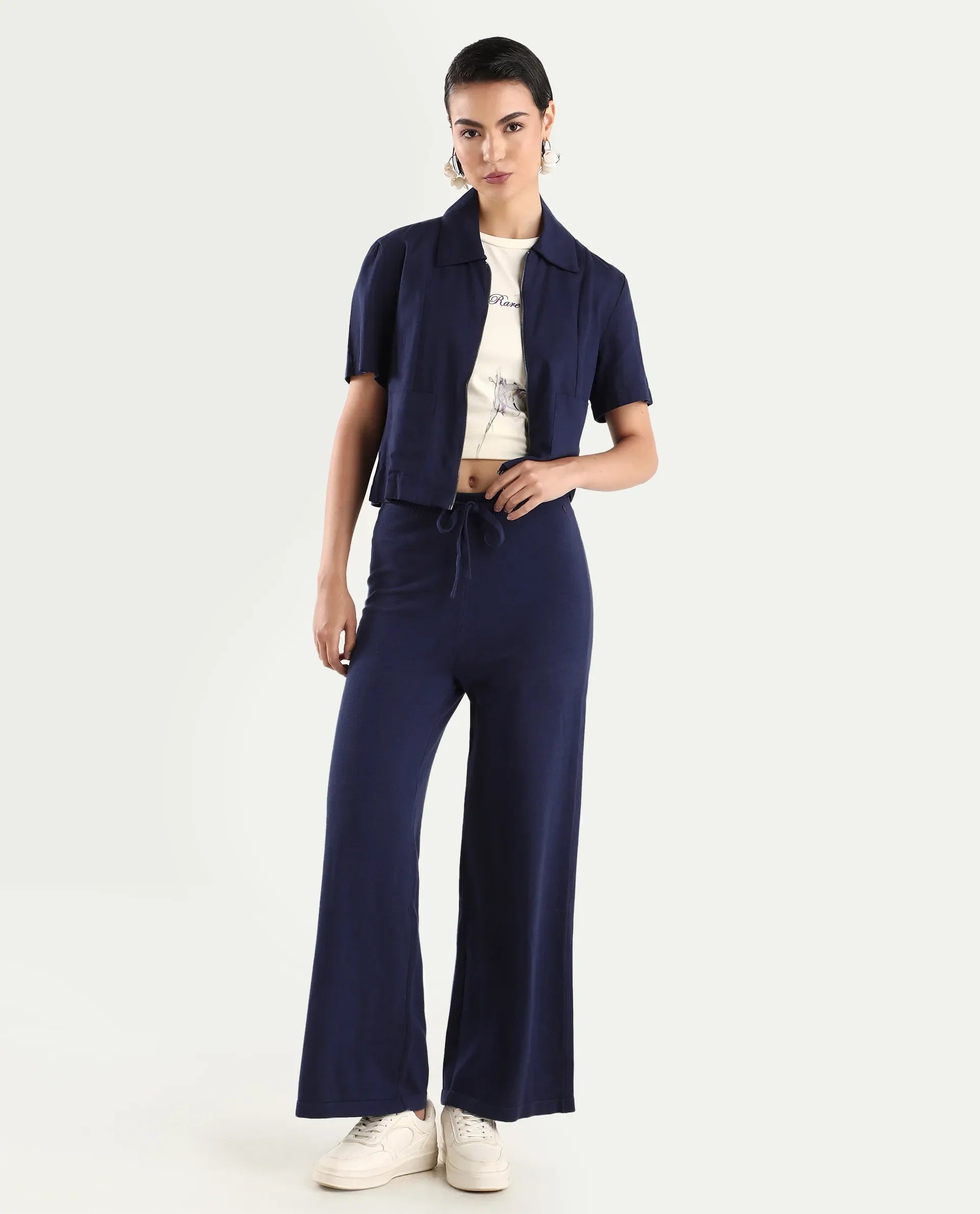 Rareism Women's Finnet B Navy Knit Plain Ankle Length Wide Leg Track Pant