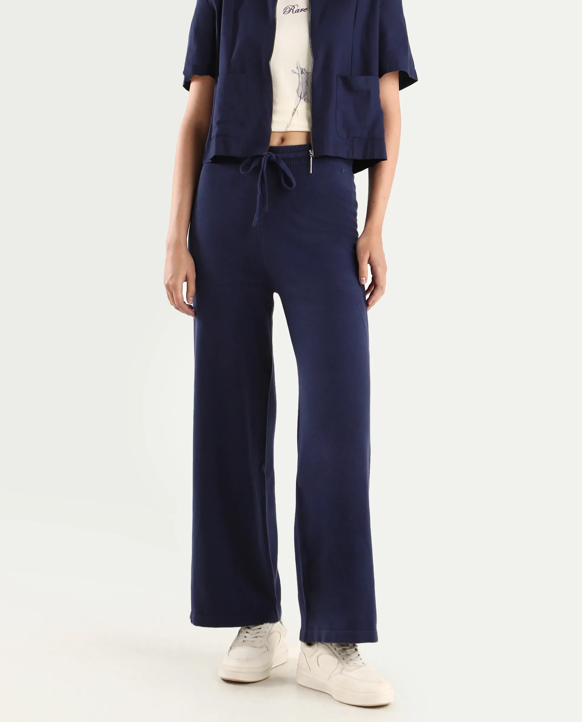 Rareism Women's Finnet B Navy Knit Plain Ankle Length Wide Leg Track Pant