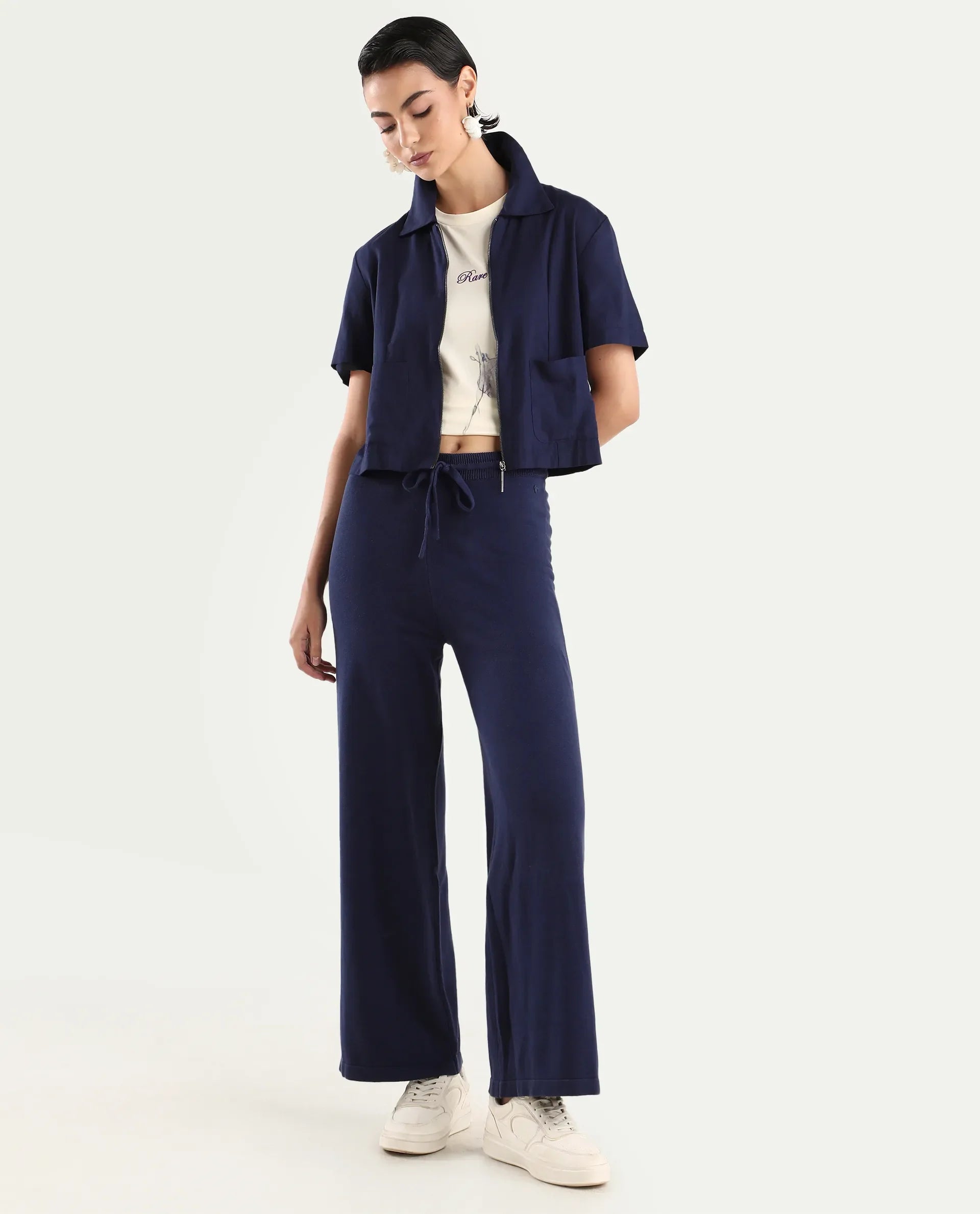 Rareism Women's Finnet B Navy Knit Plain Ankle Length Wide Leg Track Pant