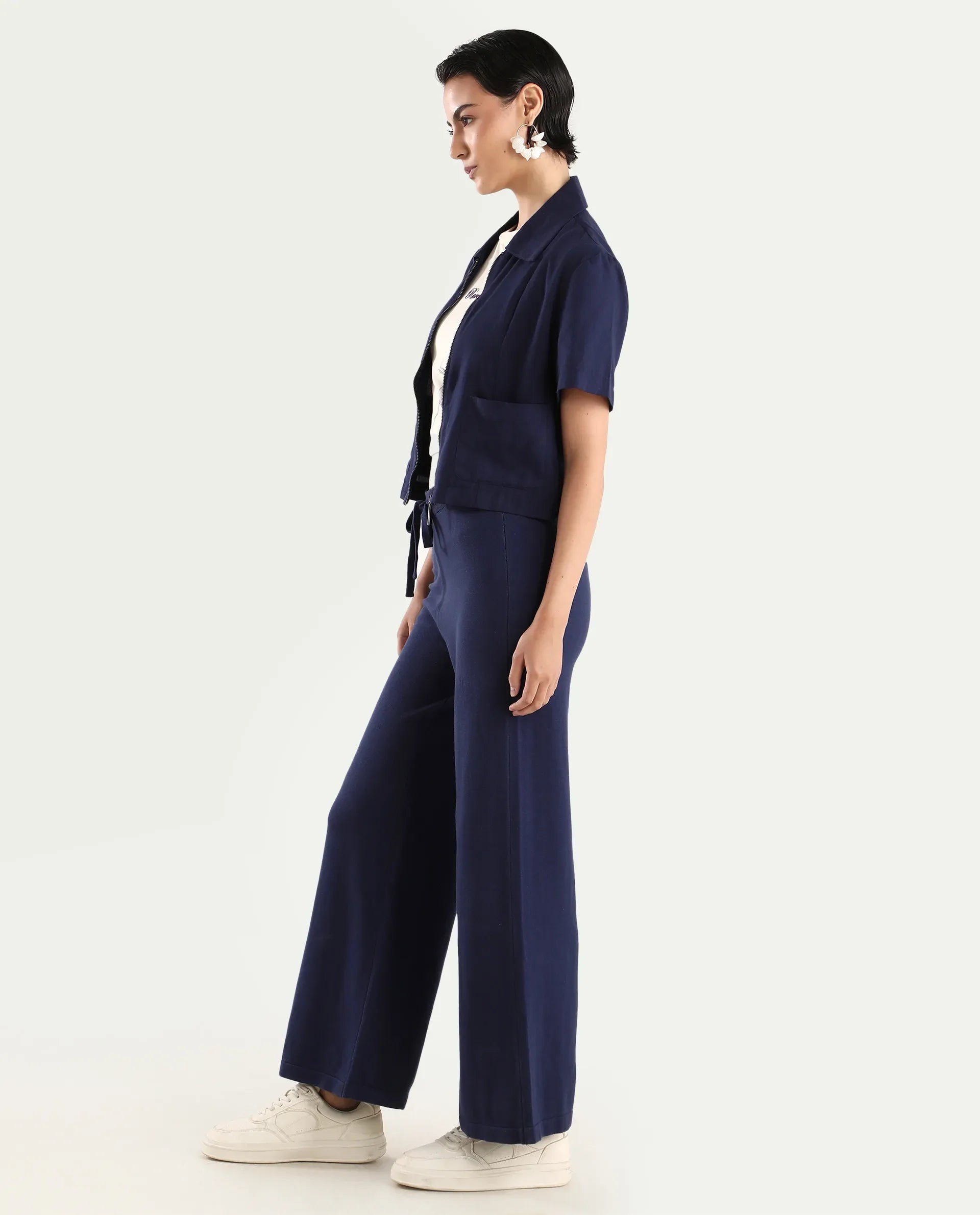 Rareism Women's Finnet B Navy Knit Plain Ankle Length Wide Leg Track Pant