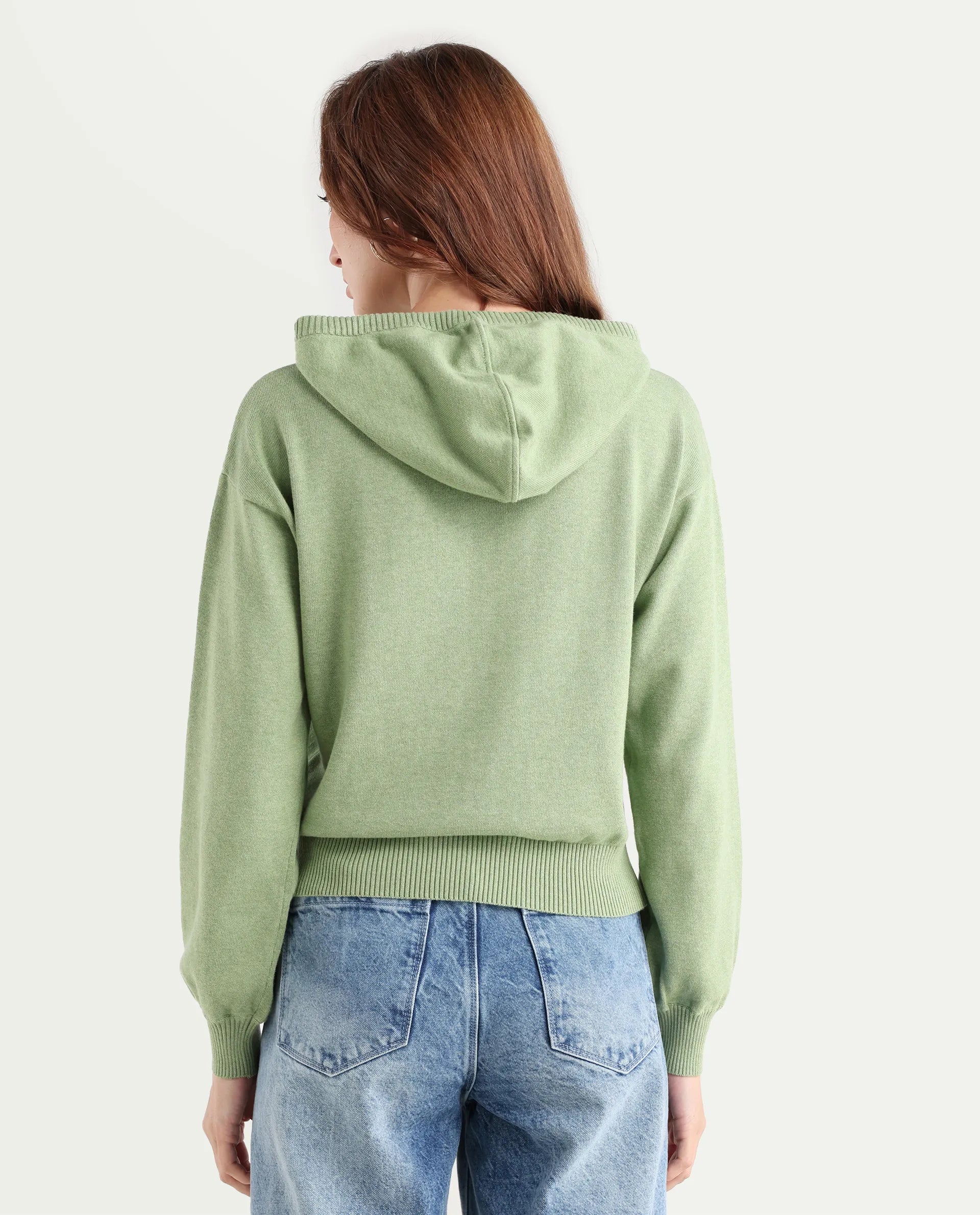 Rareism Women's Finnet T Dusky Green Knit Hooded Plain Relaxed Fit Sweater