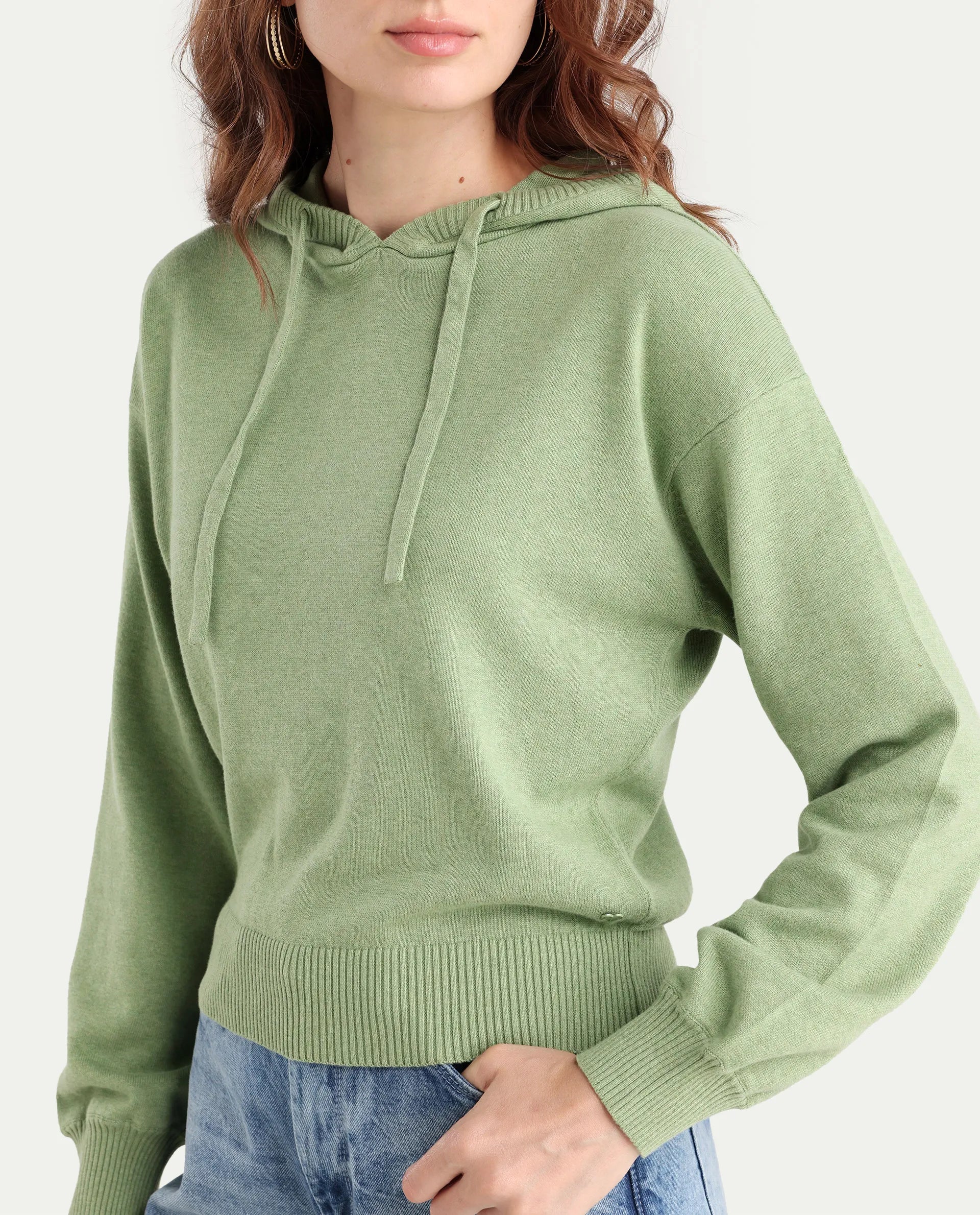 Rareism Women's Finnet T Dusky Green Knit Hooded Plain Relaxed Fit Sweater