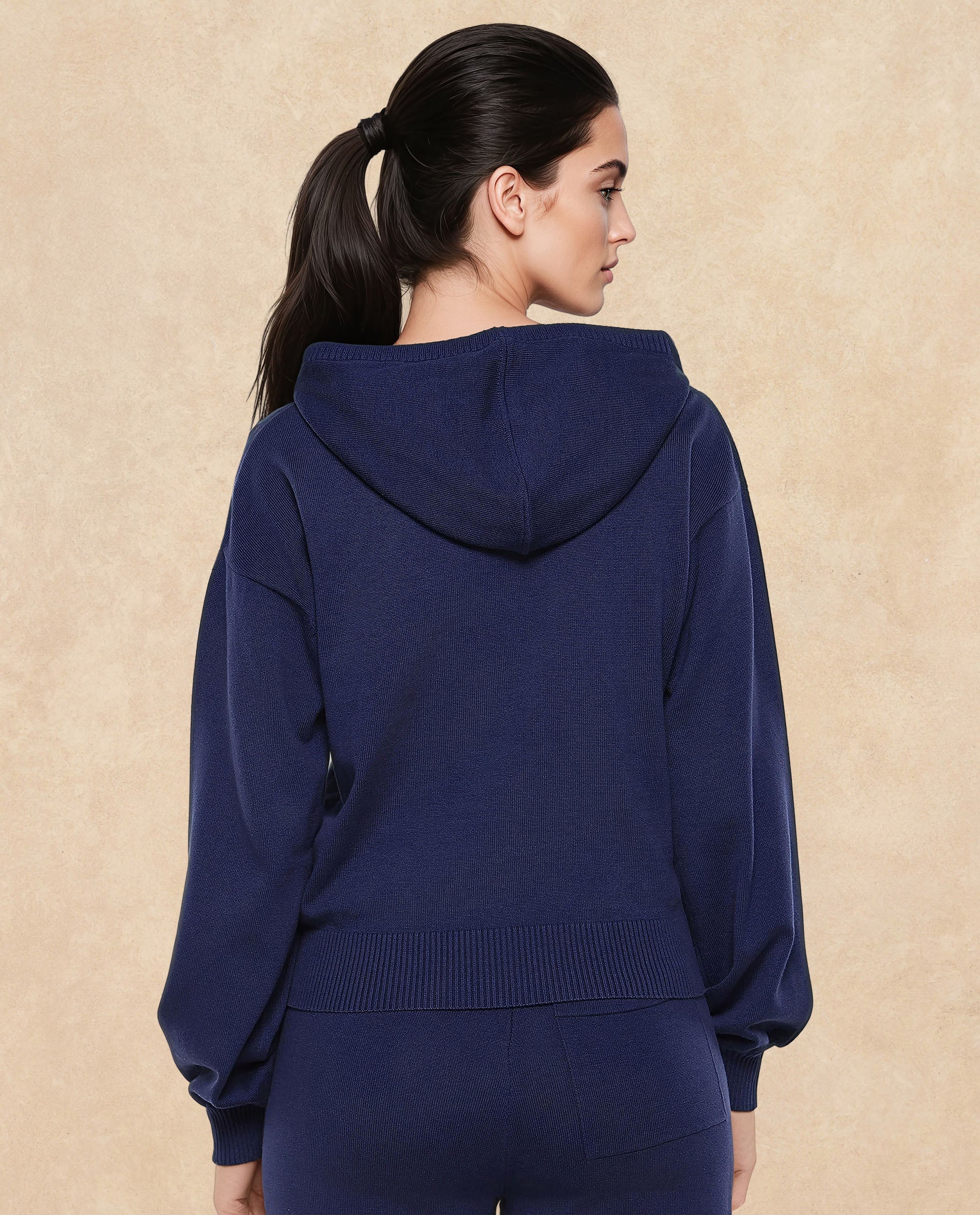 Rareism Women's Finnet T Navy Knit Hooded Plain Relaxed Fit Sweater