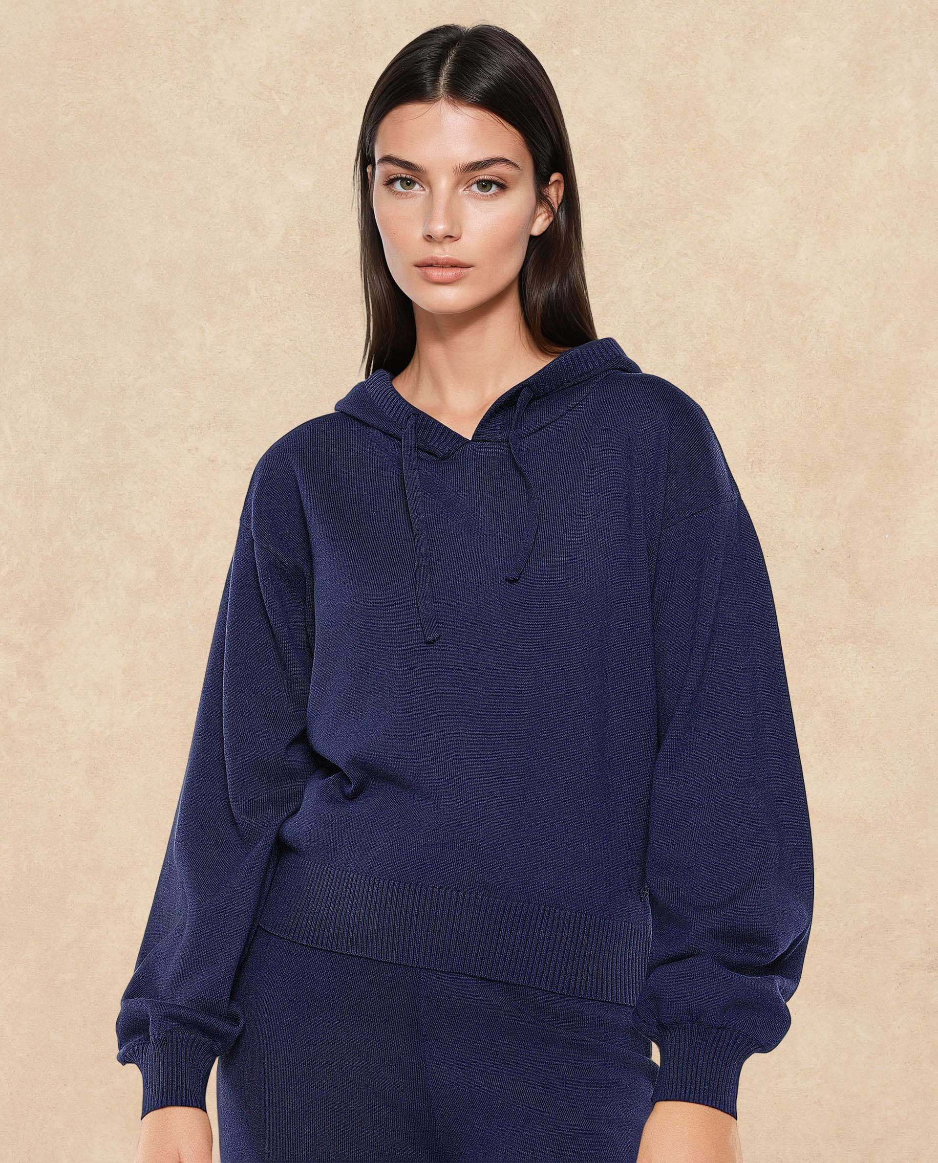Rareism Women's Finnet T Navy Knit Hooded Plain Relaxed Fit Sweater