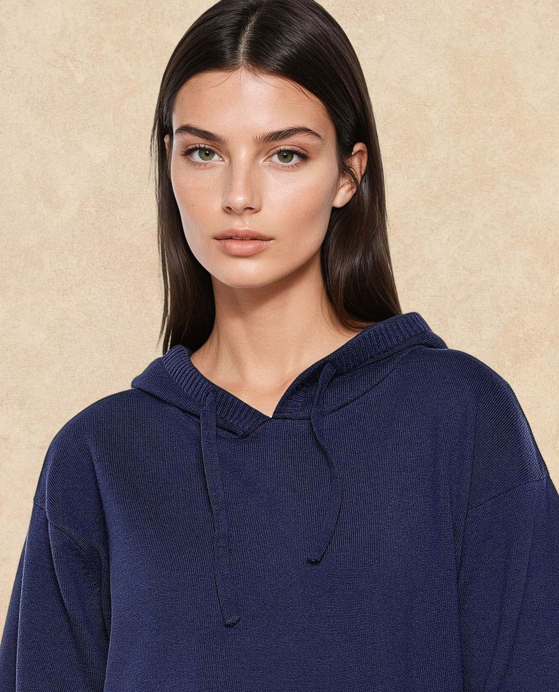Rareism Women's Finnet T Navy Knit Hooded Plain Relaxed Fit Sweater