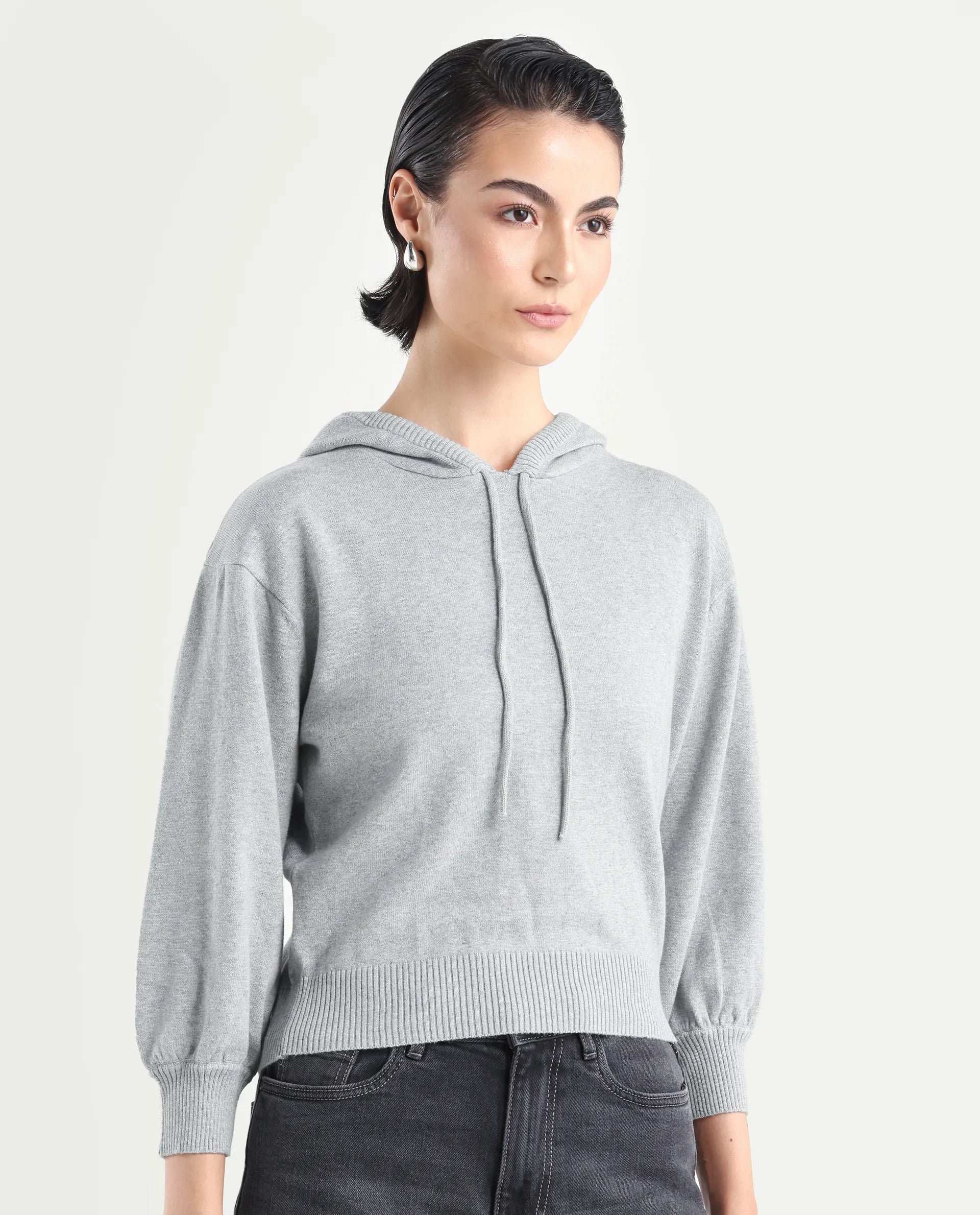 Rareism Women's Finn Sweat Grey Cotton Hooded Plain Relaxed Fit Sweater