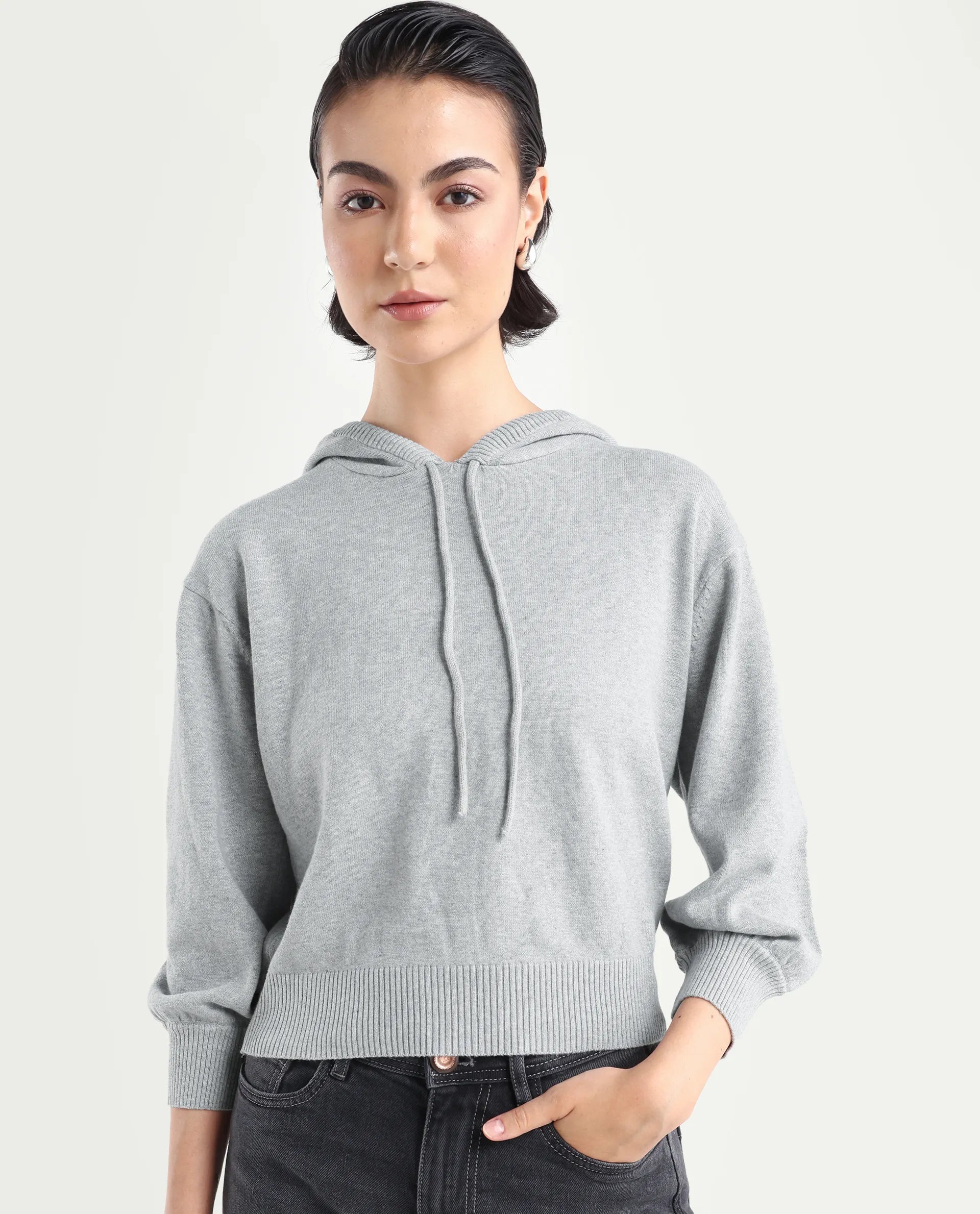 Rareism Women's Finn Sweat Grey Cotton Hooded Plain Relaxed Fit Sweater