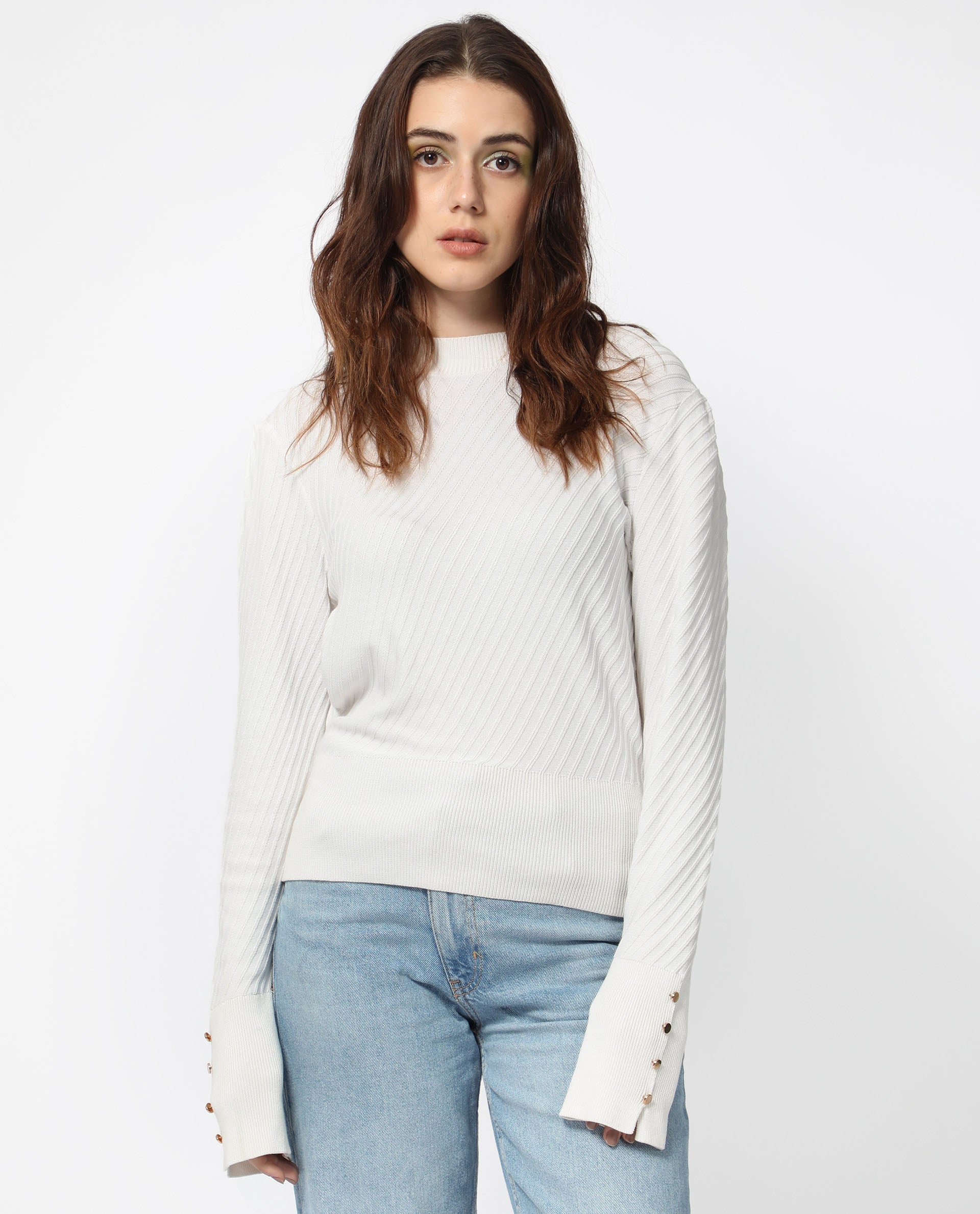 Rareism Women's Fischer White Viscose High Neck Plain Regular Fit Sweater