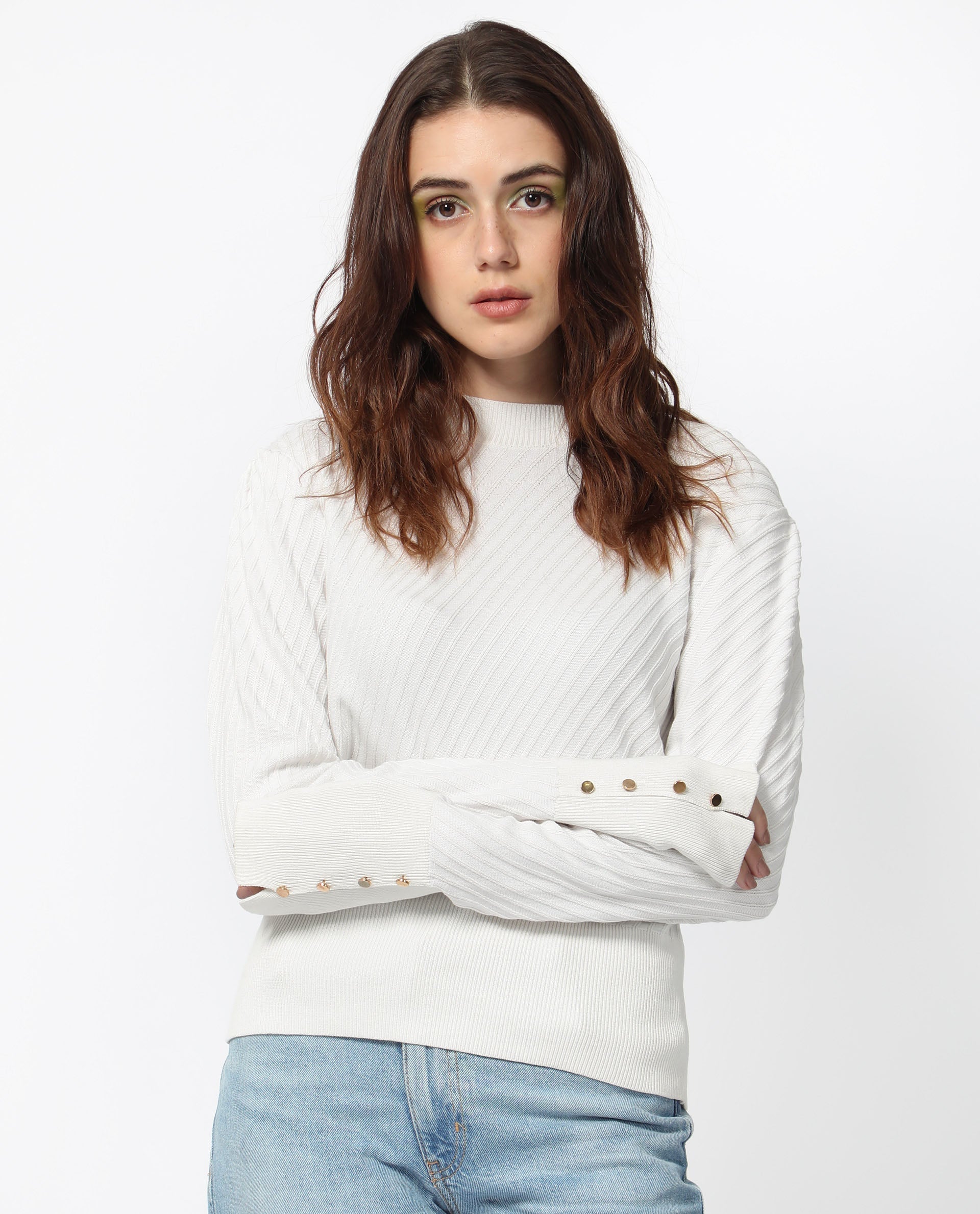 Rareism Women's Fischer White Viscose High Neck Plain Regular Fit Sweater