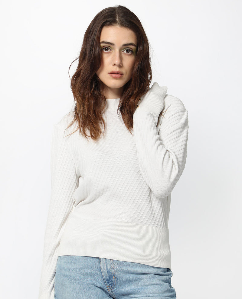 Rareism Women Fischer White Viscose Fabric Full Sleeves High Neck Regular Fit Plain Sweater