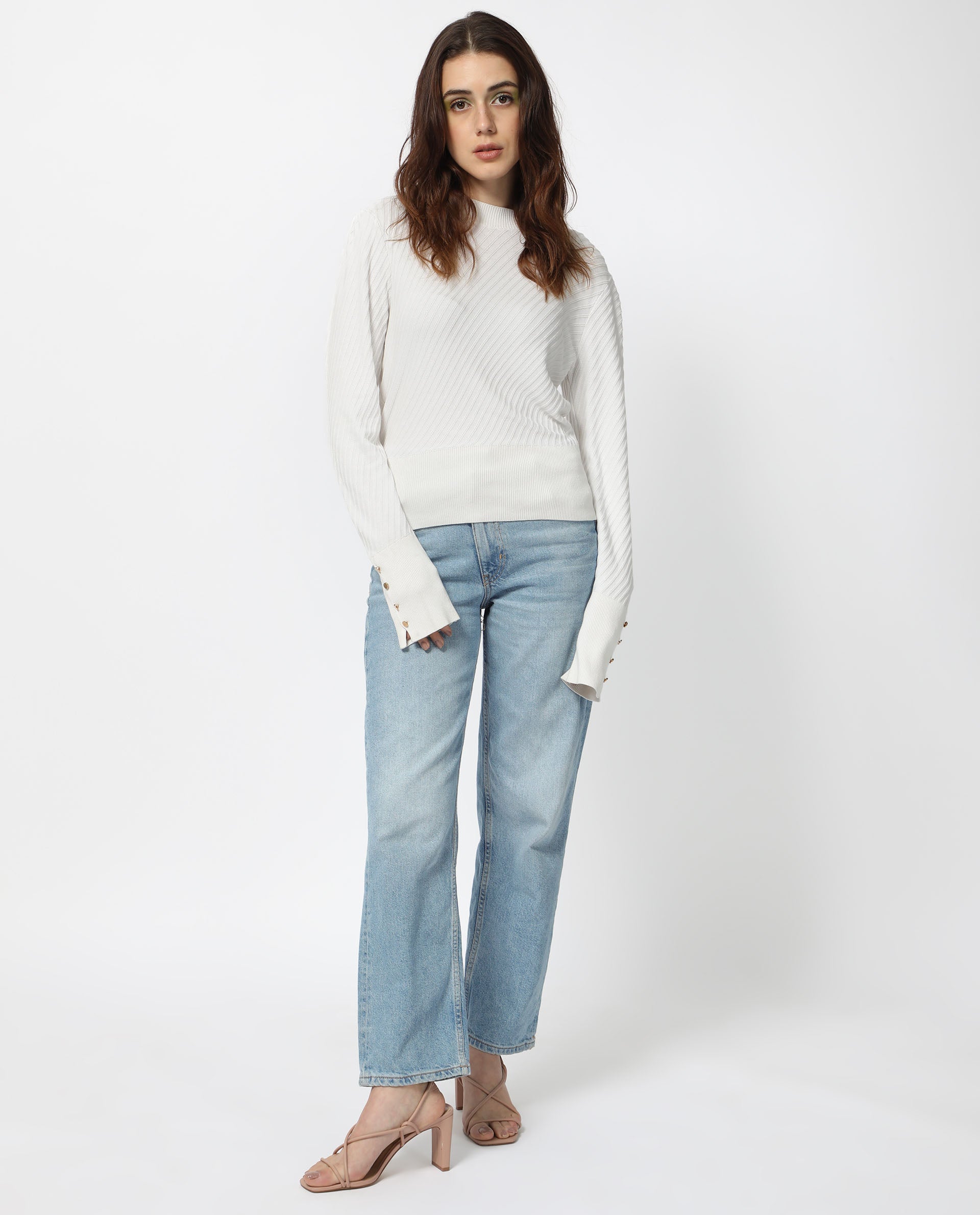 Rareism Women's Fischer White Viscose High Neck Plain Regular Fit Sweater