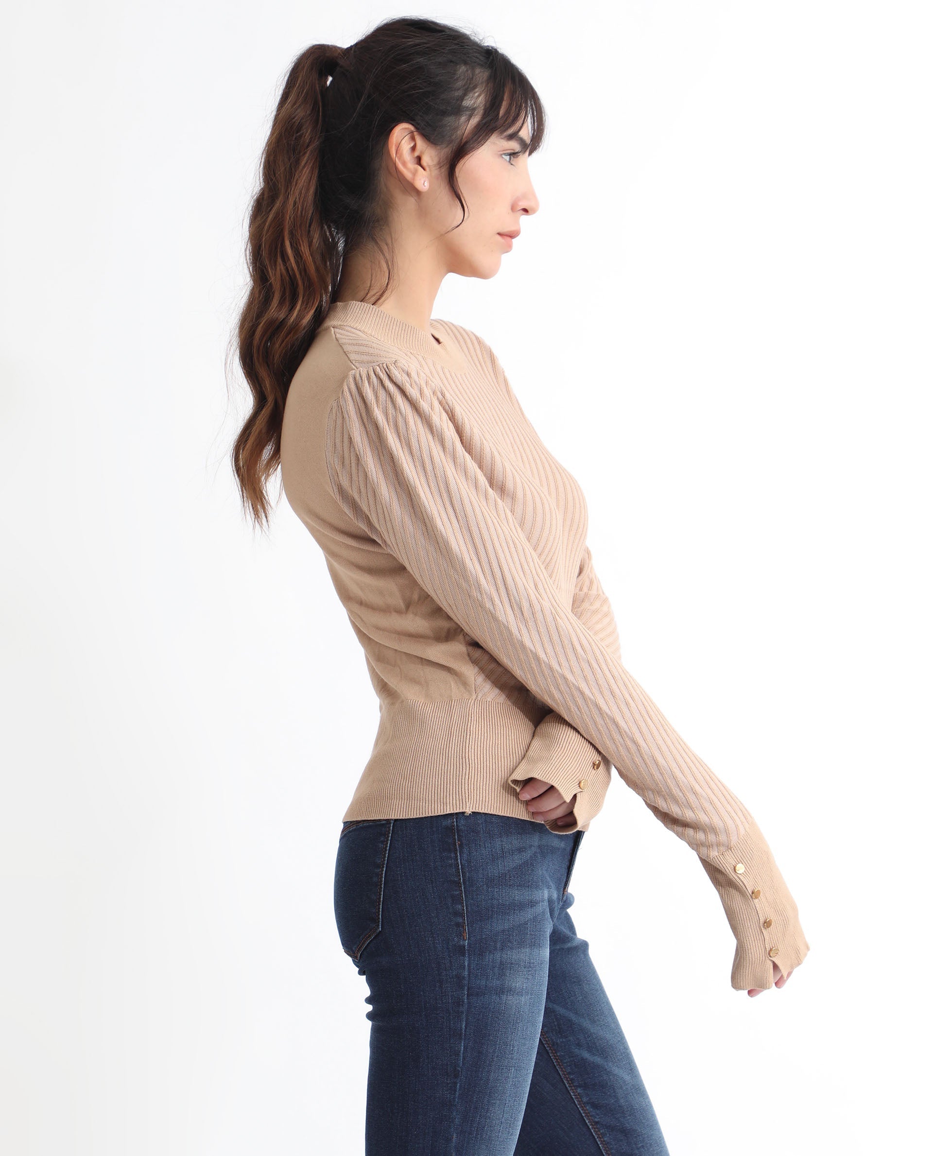 Rareism Women Fischer Beige Viscose Fabric Full Sleeves Knee Length Regular Fit Solid High Neck Sweater