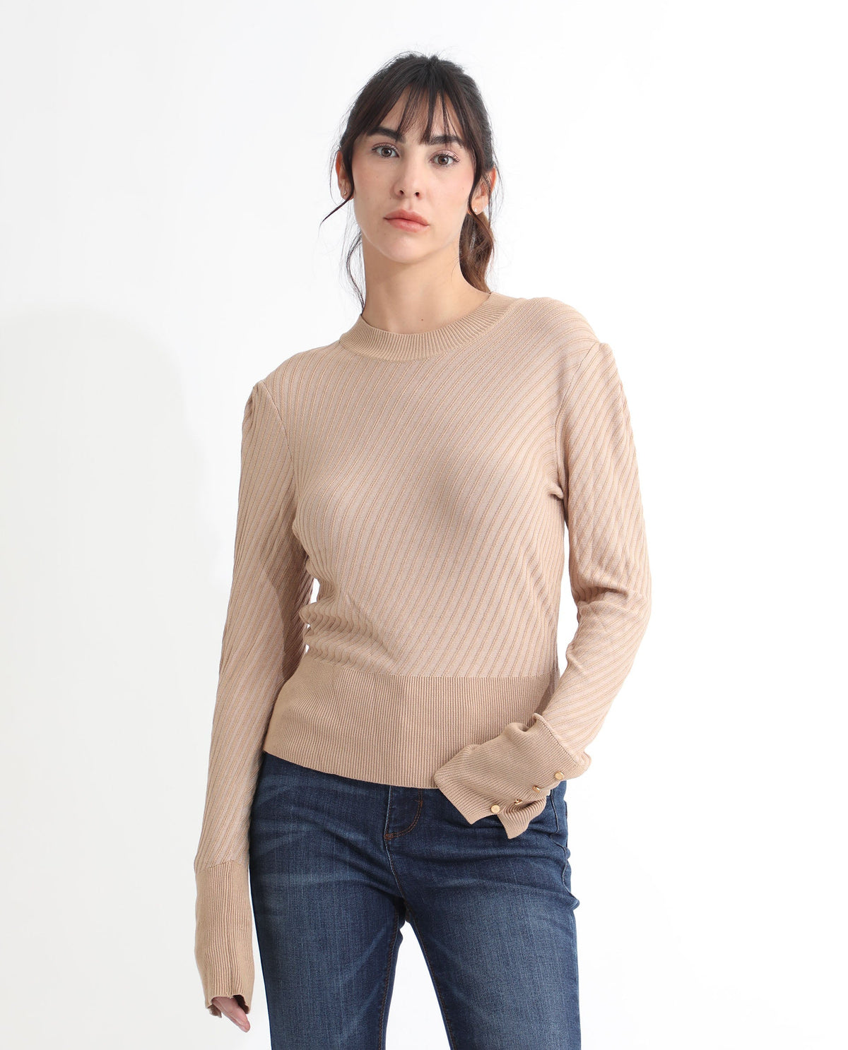 Rareism Women Fischer Beige Viscose Fabric Full Sleeves Knee Length Regular Fit Solid High Neck Sweater