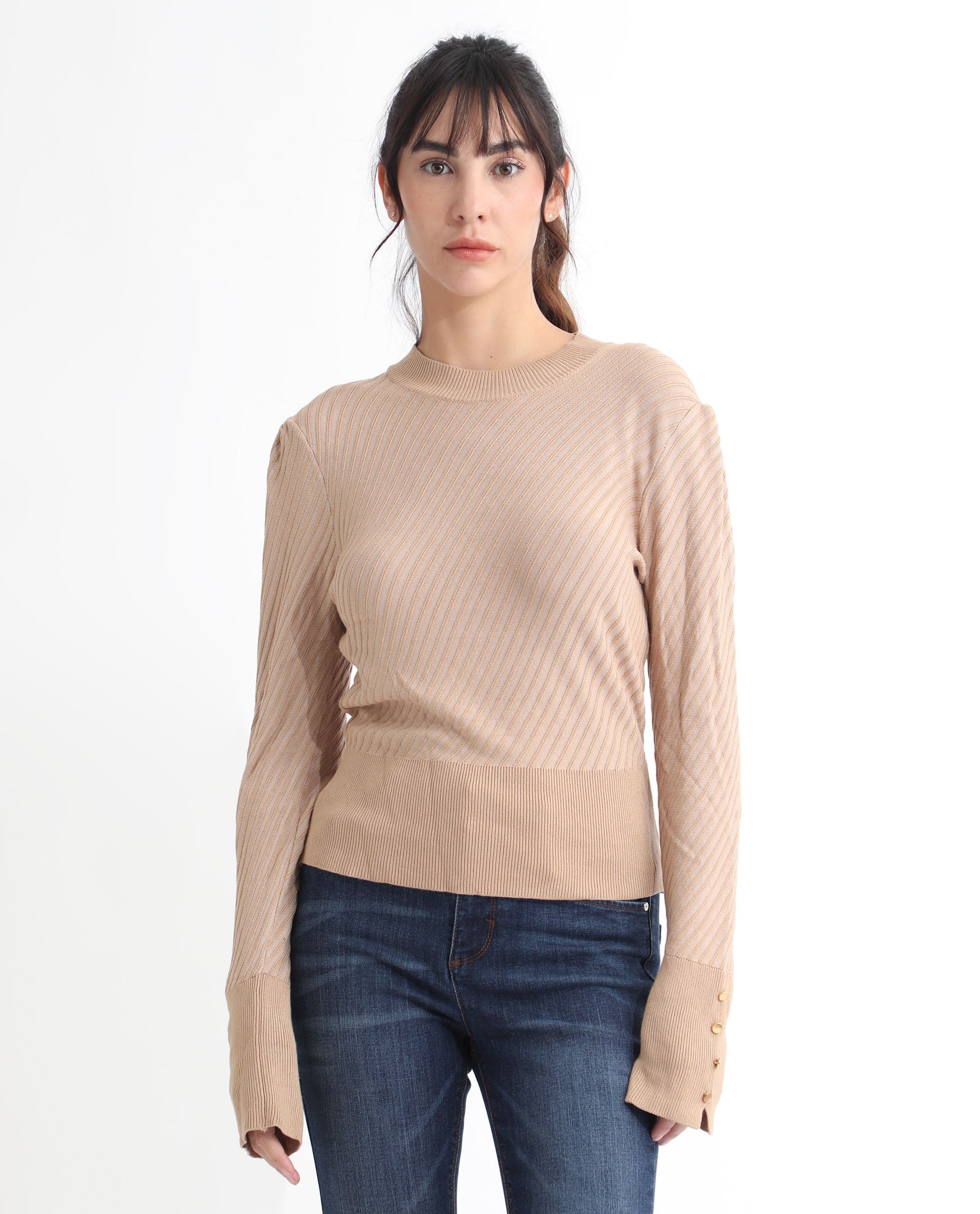 Rareism Women Fischer Beige Viscose Fabric Full Sleeves Knee Length Regular Fit Solid High Neck Sweater