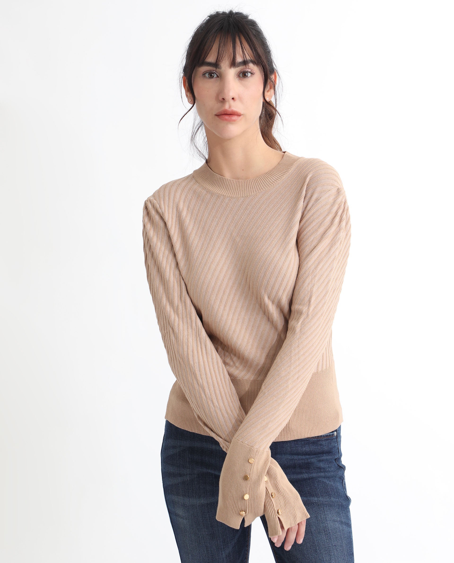 Rareism Women Fischer Beige Viscose Fabric Full Sleeves Knee Length Regular Fit Solid High Neck Sweater