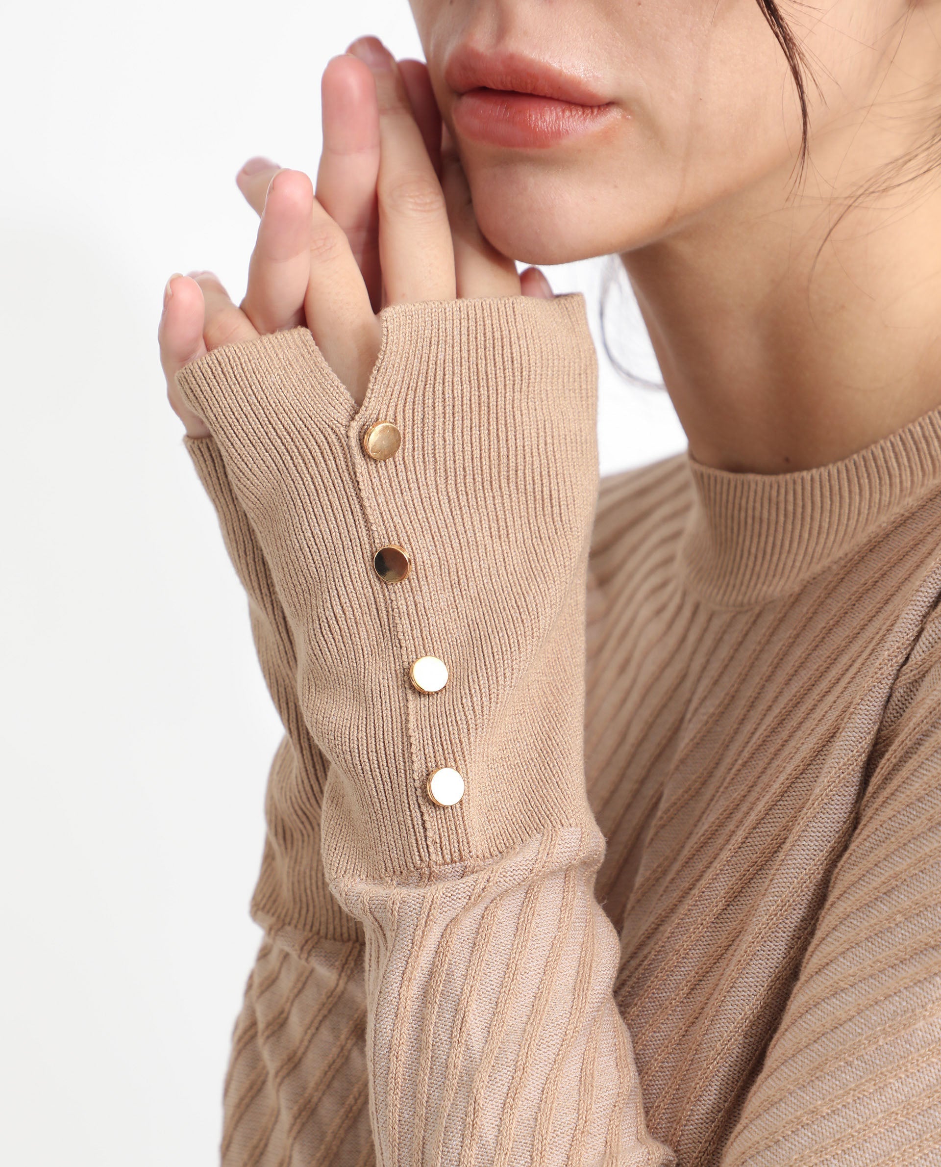 Rareism Women Fischer Beige Viscose Fabric Full Sleeves Knee Length Regular Fit Solid High Neck Sweater