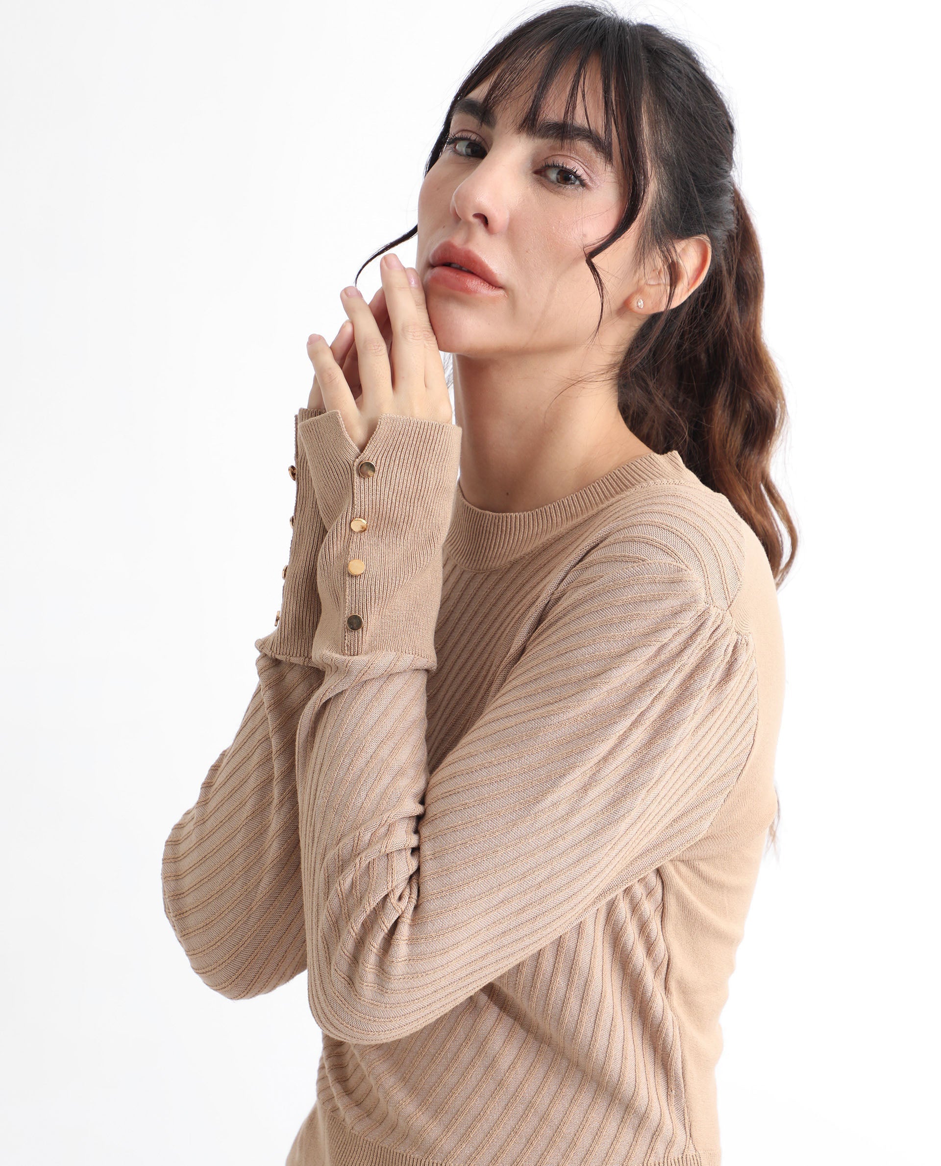 Rareism Women's Fischer Beige Viscose High Neck Plain Regular Fit Sweater