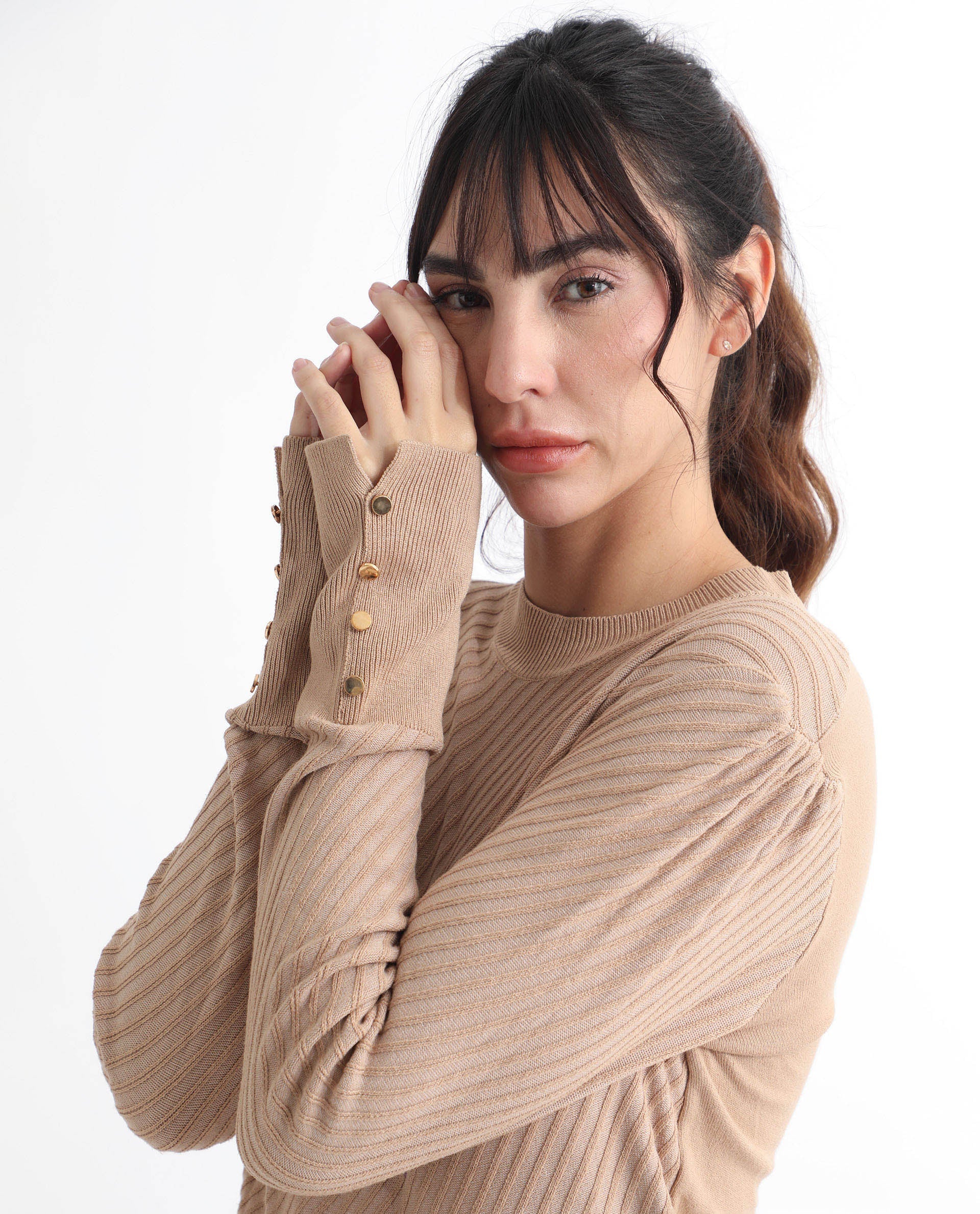 Rareism Women Fischer Beige Viscose Fabric Full Sleeves Knee Length Regular Fit Solid High Neck Sweater