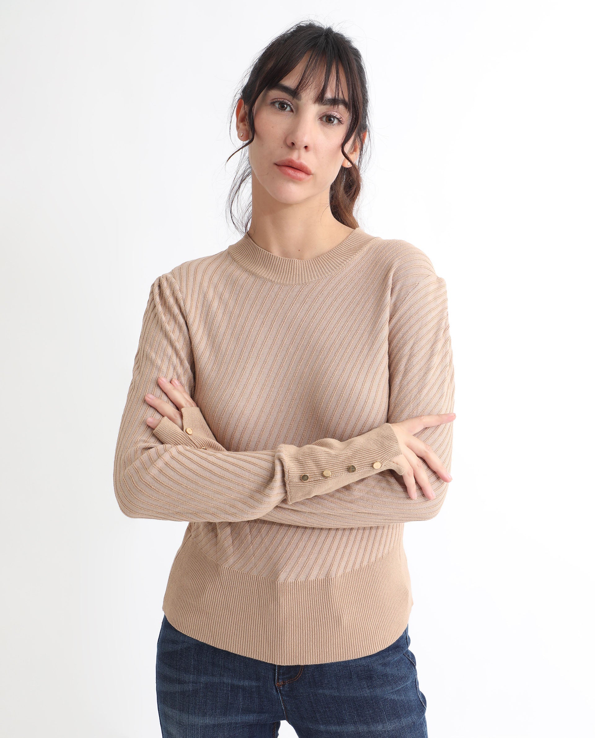 Rareism Women Fischer Beige Viscose Fabric Full Sleeves Knee Length Regular Fit Solid High Neck Sweater