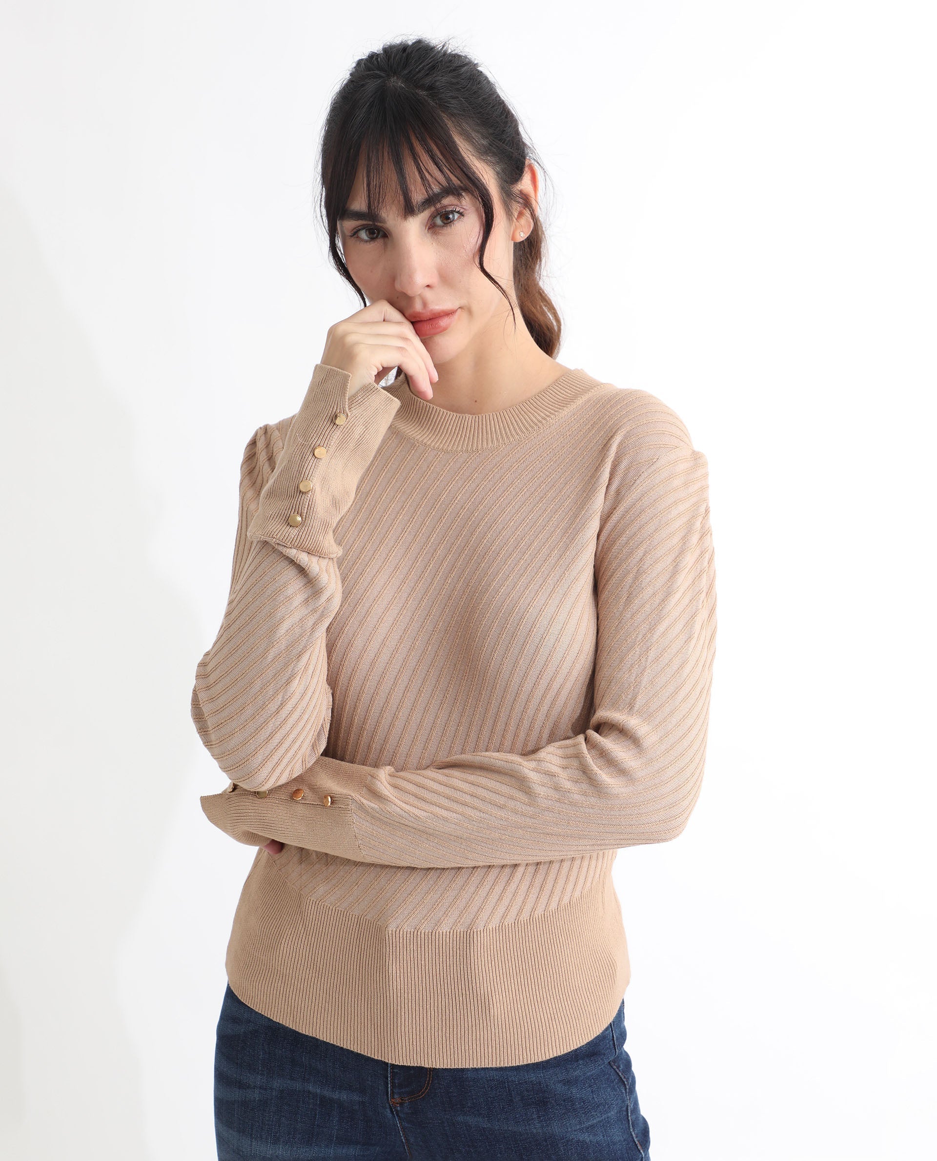 Rareism Women's Fischer Beige Viscose High Neck Plain Regular Fit Sweater