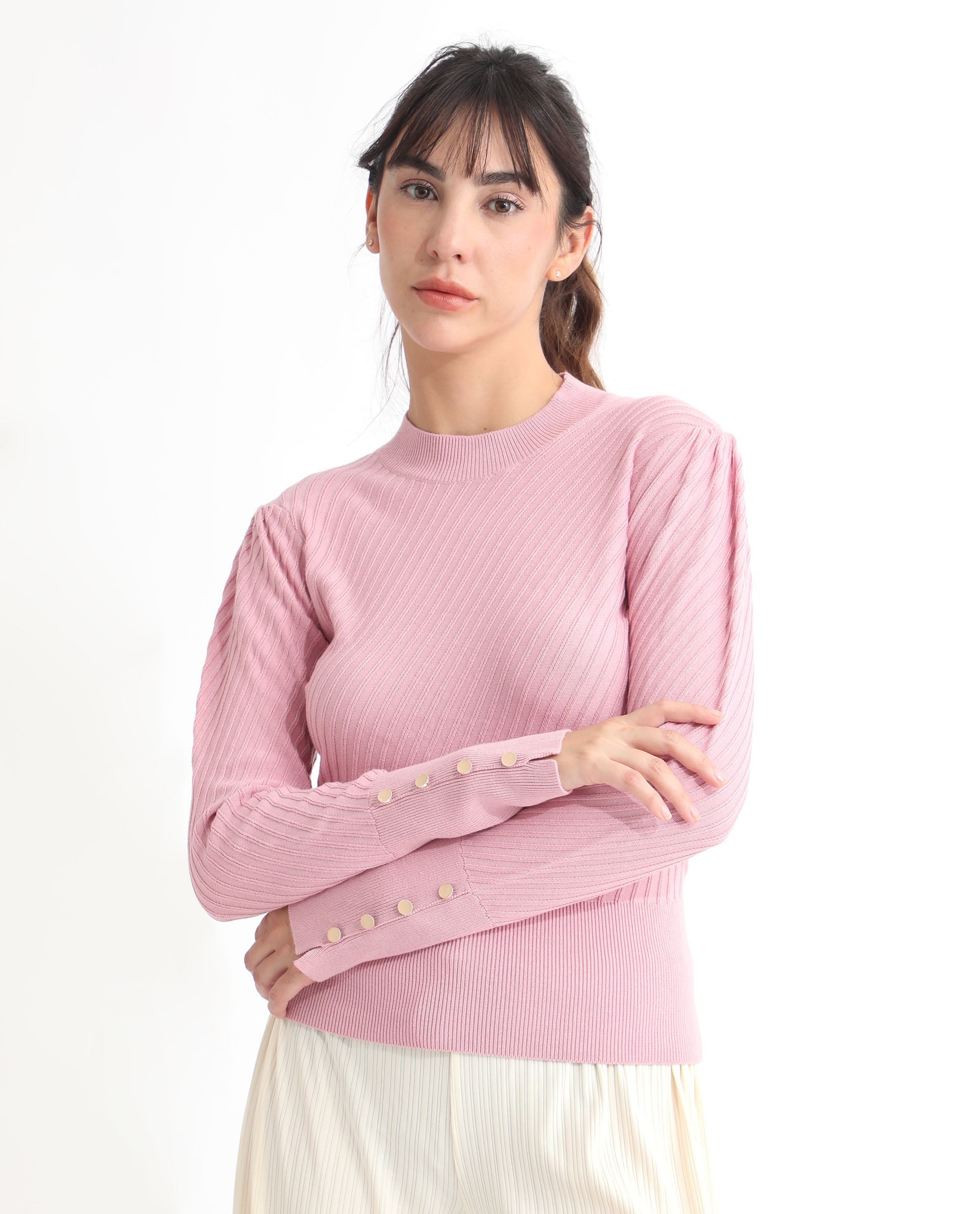 Rareism Women's Fischer Pink Viscose High Neck Plain Regular Fit Sweater