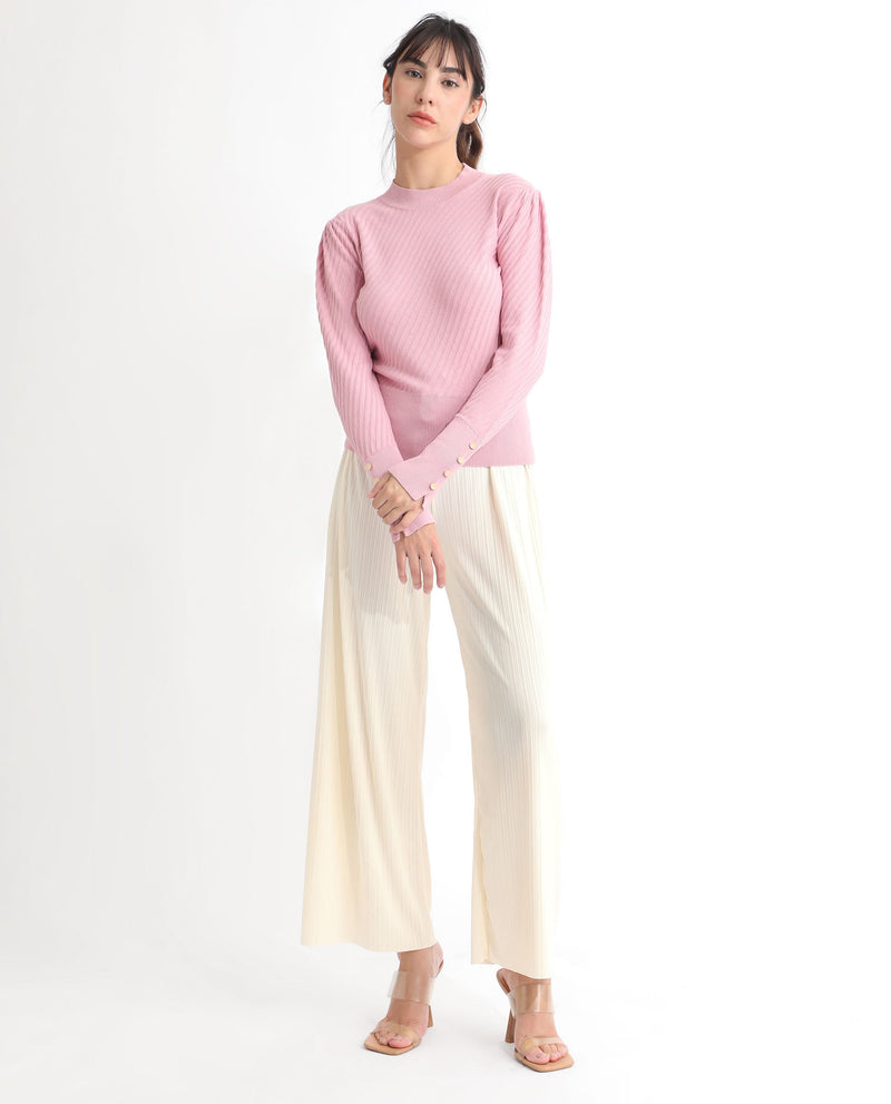 Rareism Women Fischer Pink Viscose Fabric Full Sleeves Knee Length Regular Fit Solid High Neck Sweater