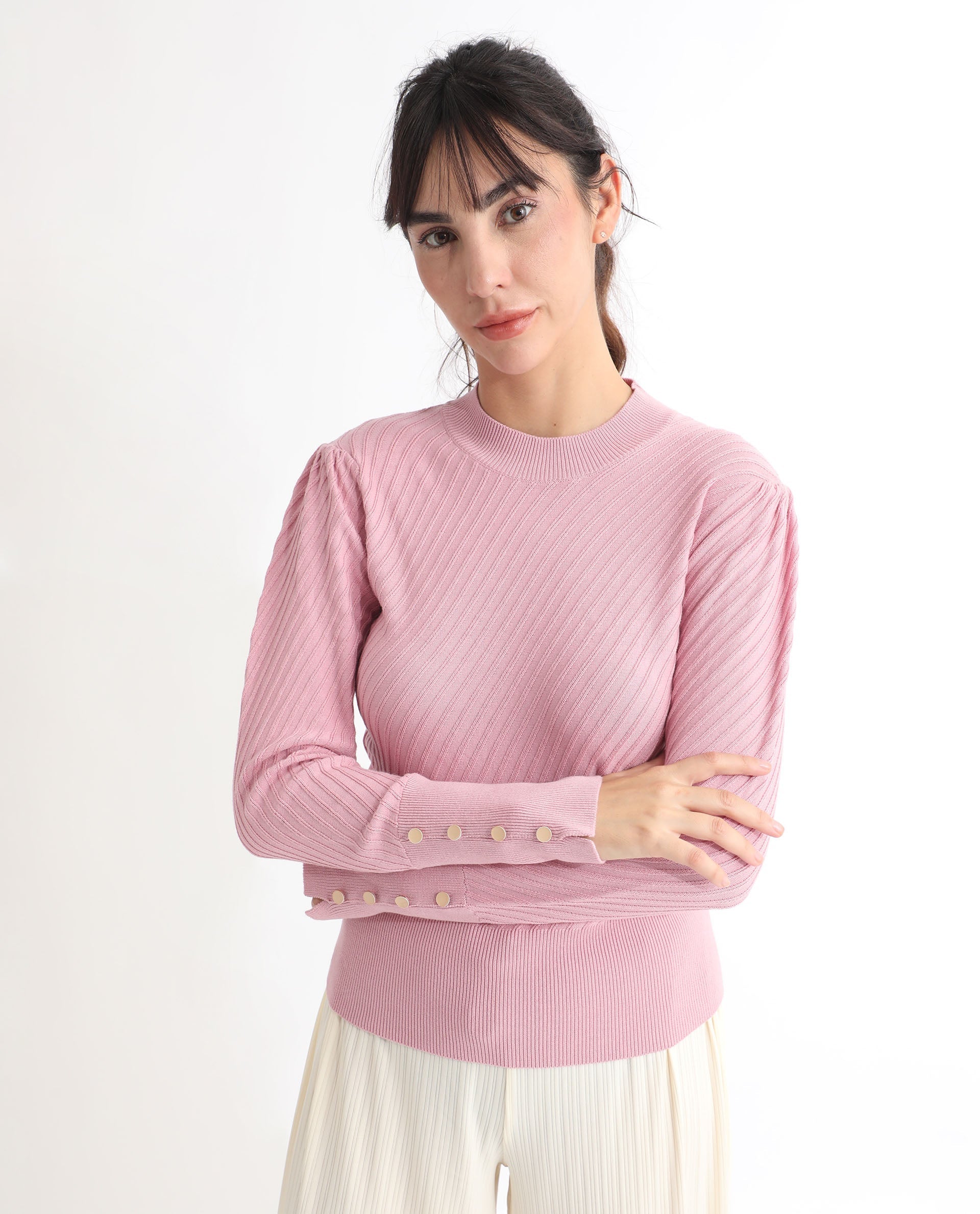 Rareism Women's Fischer Pink Viscose High Neck Plain Regular Fit Sweater
