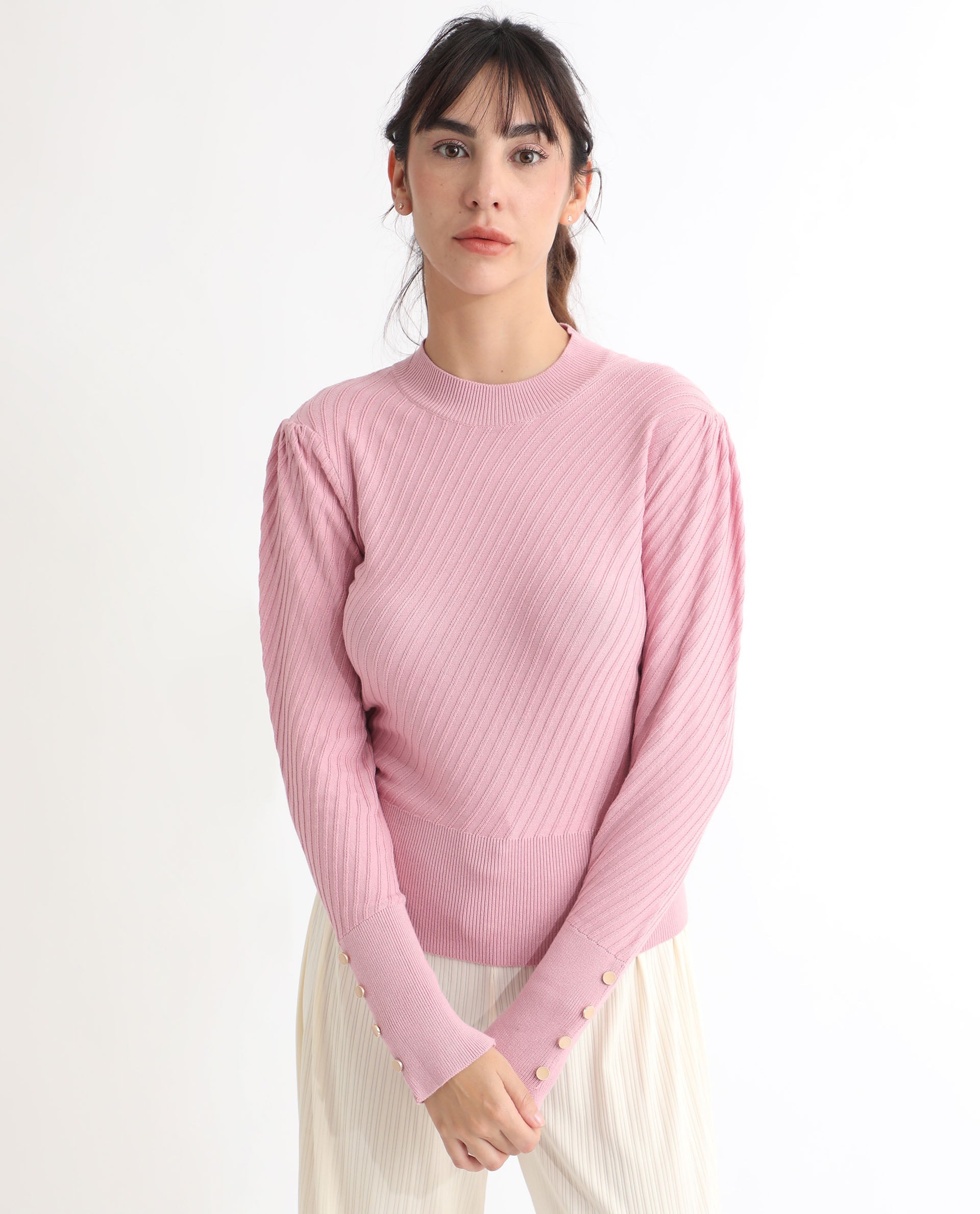 Rareism Women's Fischer Pink Viscose High Neck Plain Regular Fit Sweater