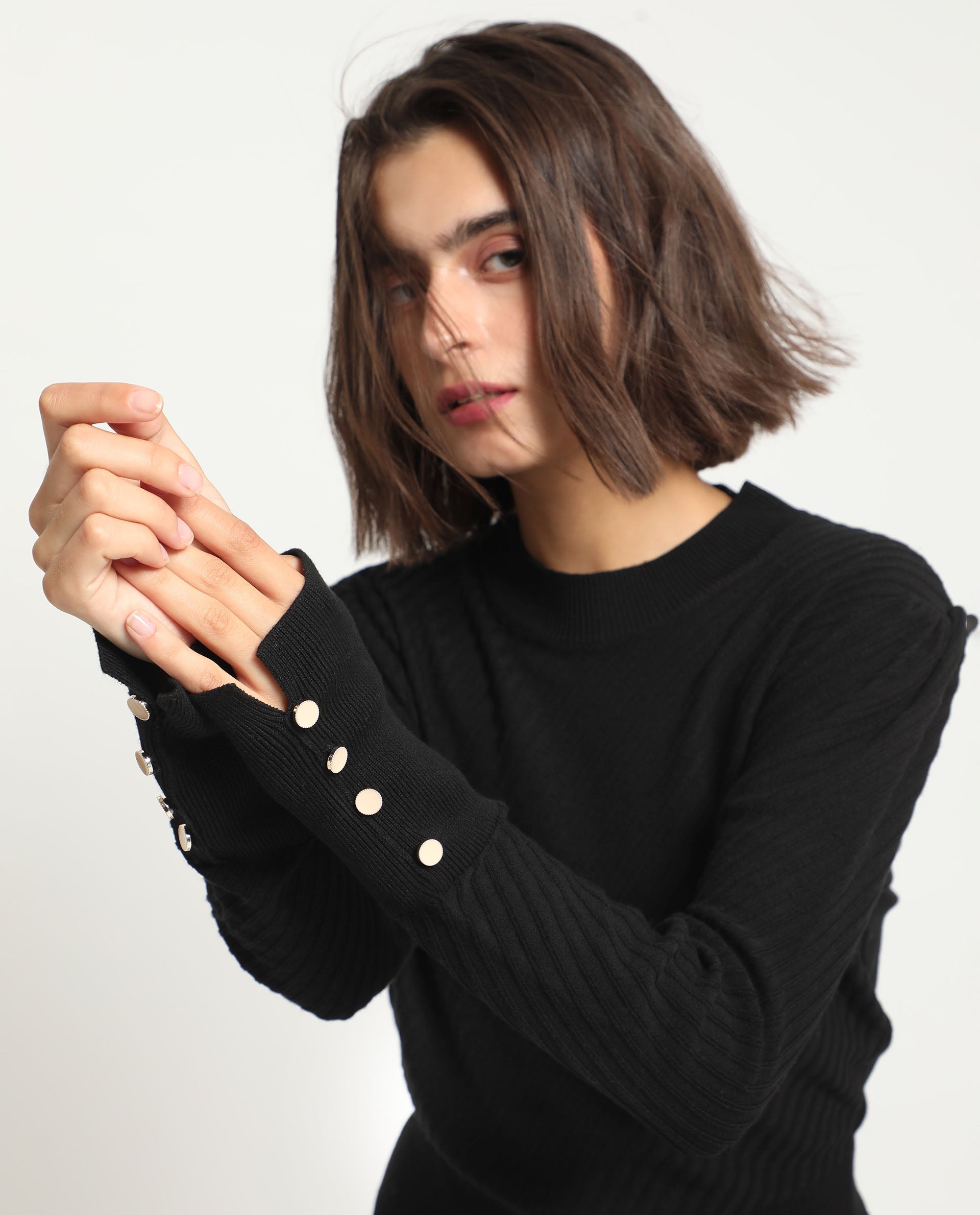Rareism Women's Fischer Black Viscose High Neck Plain Regular Fit Sweater